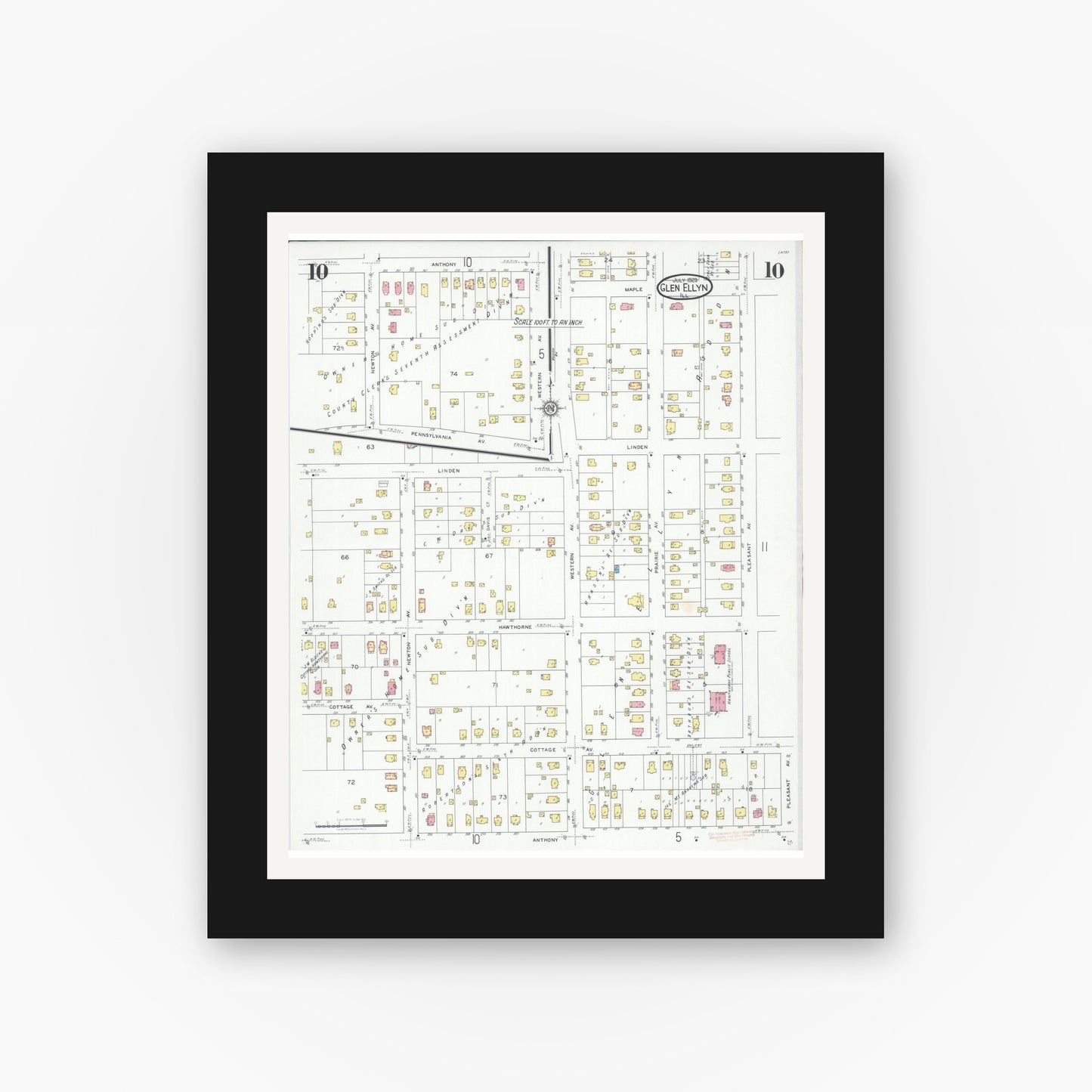 Old map wall art mockup — black gallery frame with white mat — Sanborn Fire Insurance Map from Glen Ellyn, Du Page County, Illinois (1929), Sheet #0010