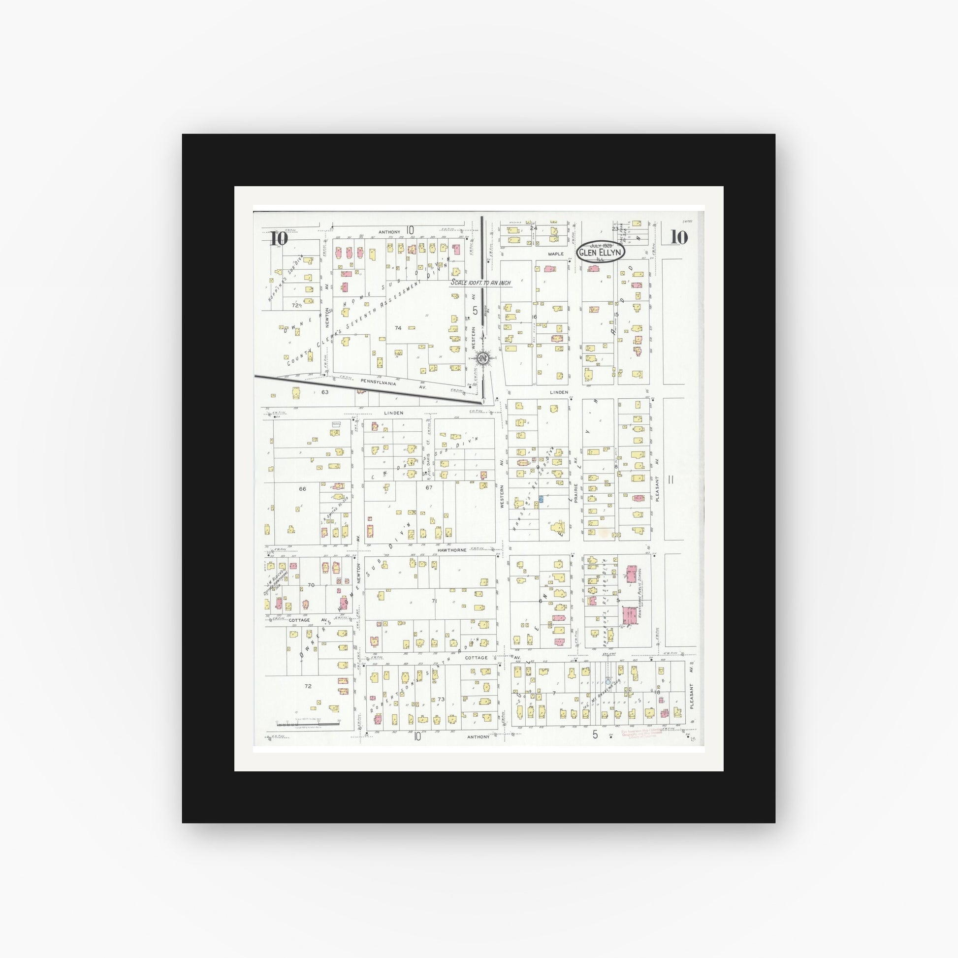 Old map wall art mockup — black gallery frame with white mat — Sanborn Fire Insurance Map from Glen Ellyn, Du Page County, Illinois (1929), Sheet #0010