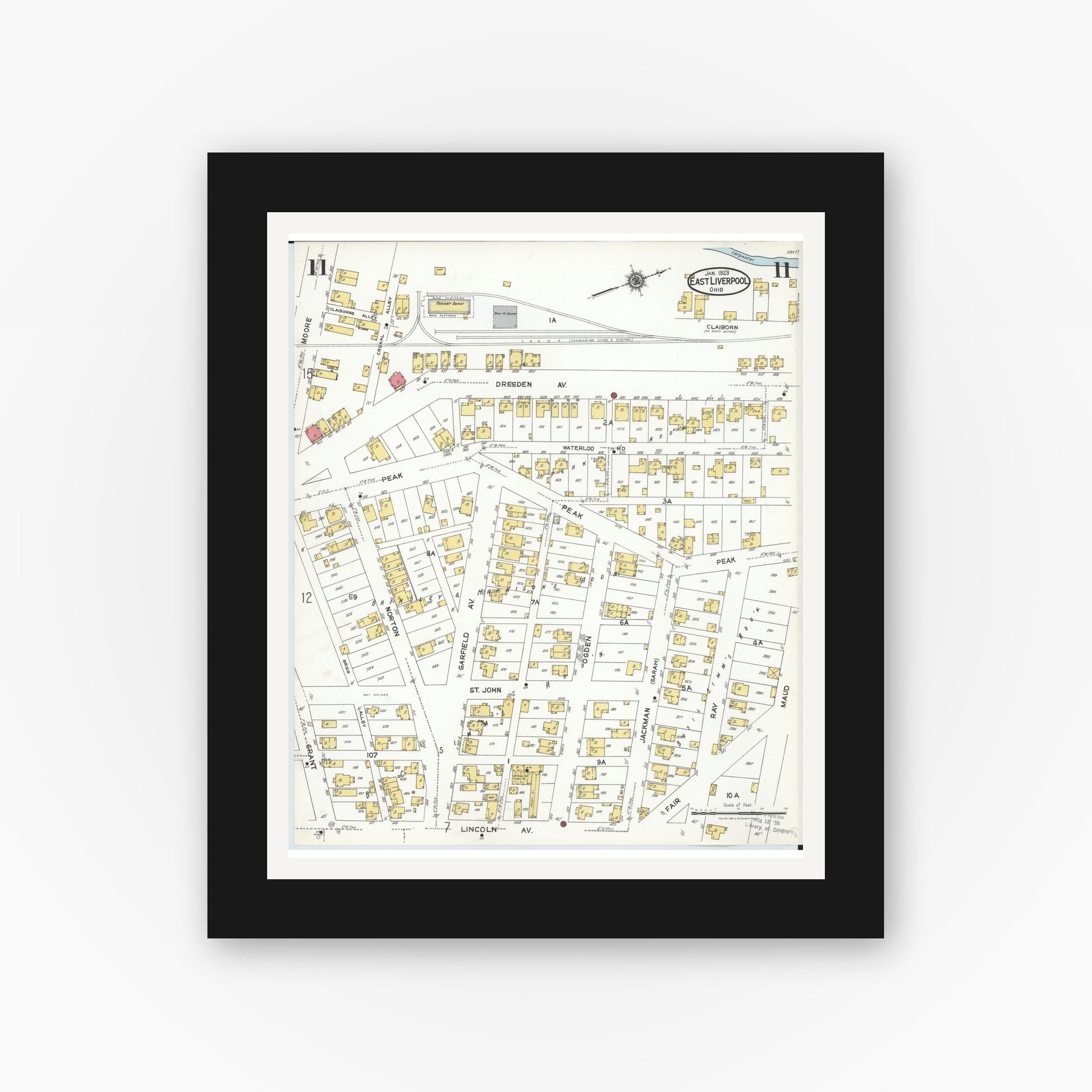 Old map wall art mockup — black gallery frame with white mat — Sanborn Fire Insurance Map from East Liverpool, Columbiana County, Ohio (1923), Sheet #0011
