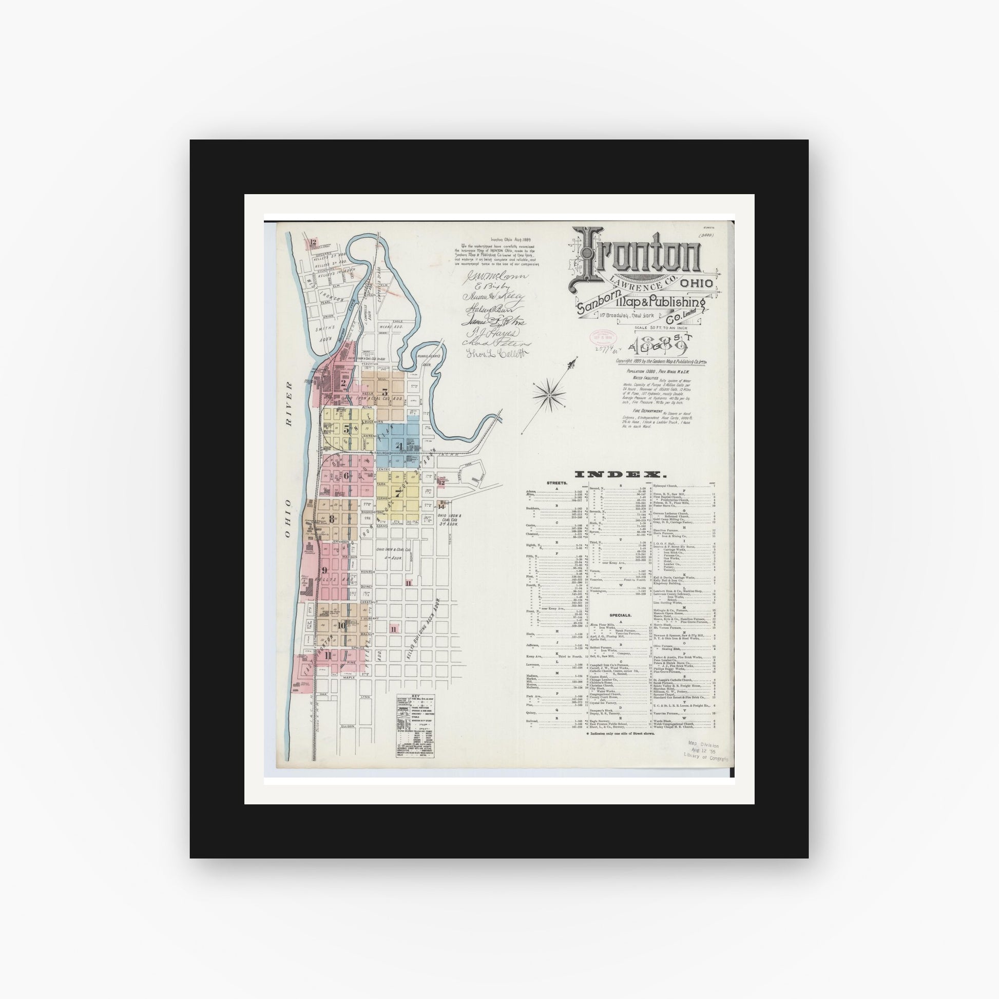 Old map wall art mockup — black gallery frame with white mat — Sanborn Fire Insurance Map from Ironton, Lawrence County, Ohio (1889), Sheet #0001