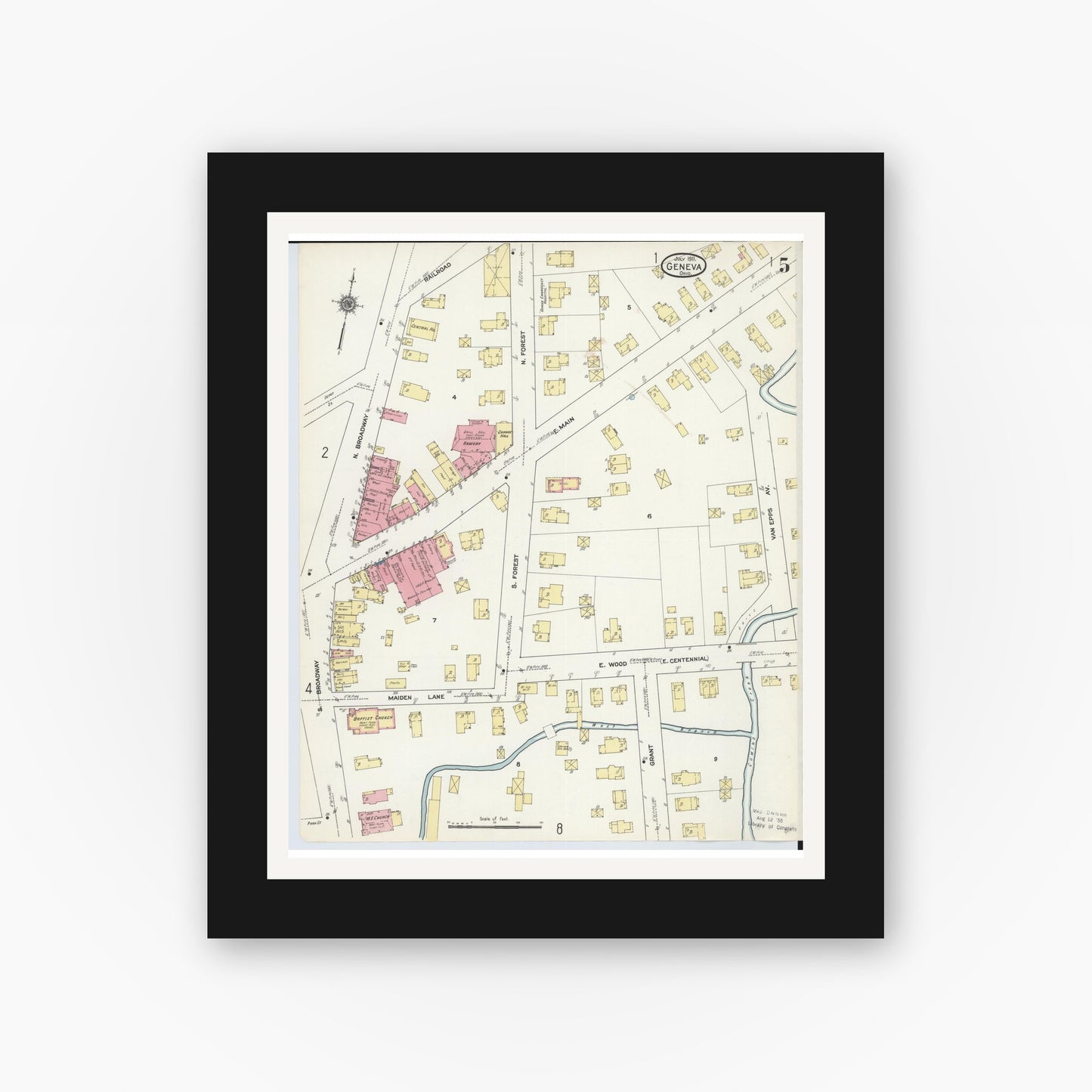Old map wall art mockup — black gallery frame with white mat — Sanborn Fire Insurance Map from Geneva, Ashtabula County, Ohio (1911), Sheet #0005