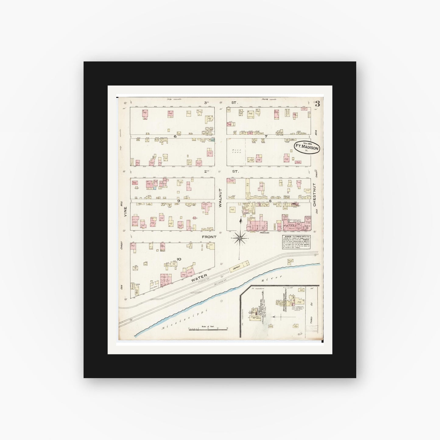 Old map wall art mockup — black gallery frame with white mat — Sanborn Fire Insurance Map from Fort Madison, Lee County, Iowa (1884), Sheet #0003