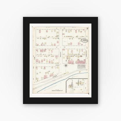 Old map wall art mockup — black gallery frame with white mat — Sanborn Fire Insurance Map from Fort Madison, Lee County, Iowa (1884), Sheet #0003