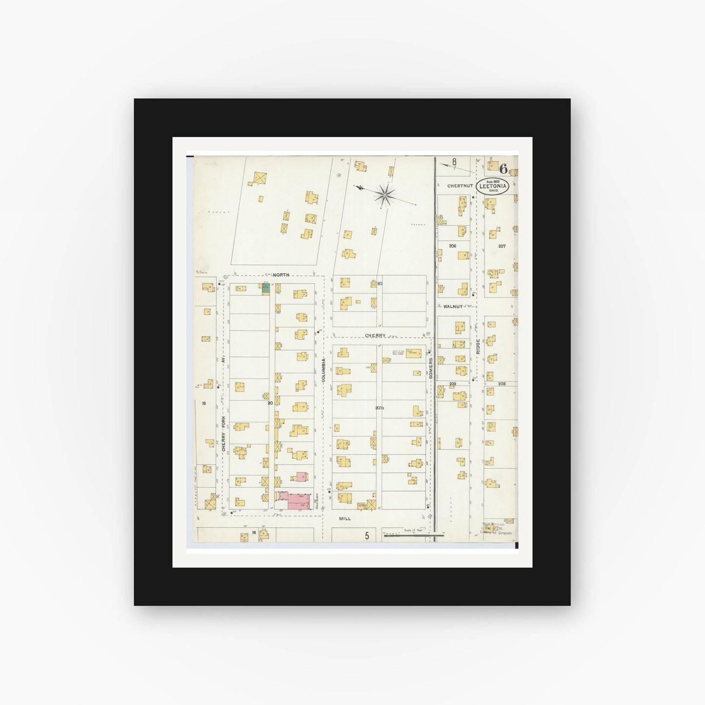 Old map wall art mockup — black gallery frame with white mat — Sanborn Fire Insurance Map from Leetonia, Columbiana County, Ohio (1903), Sheet #0006