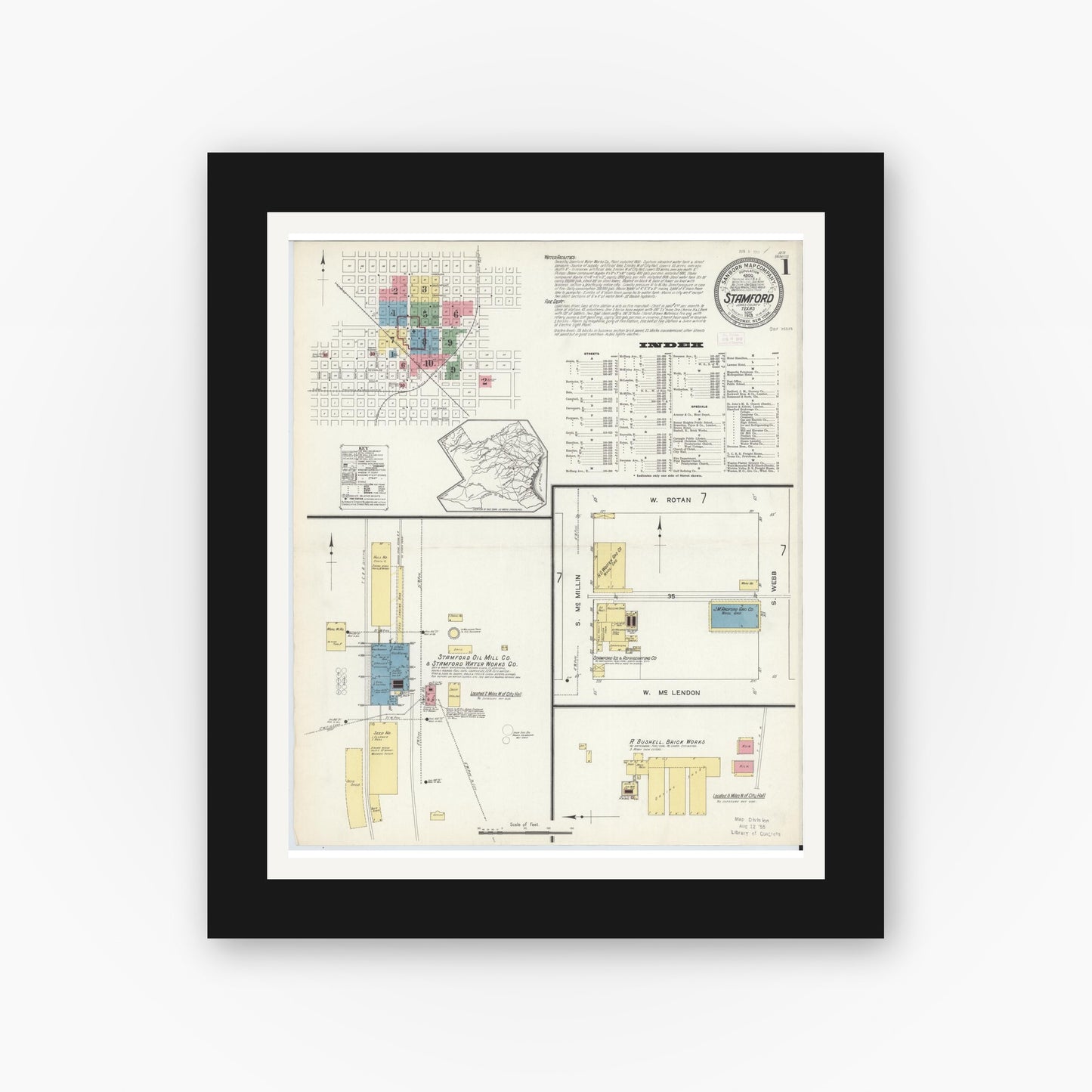 Old map wall art mockup — black gallery frame with white mat — Sanborn Fire Insurance Map from Stamford, Jones County, Texas (1913) - Complete Map Set