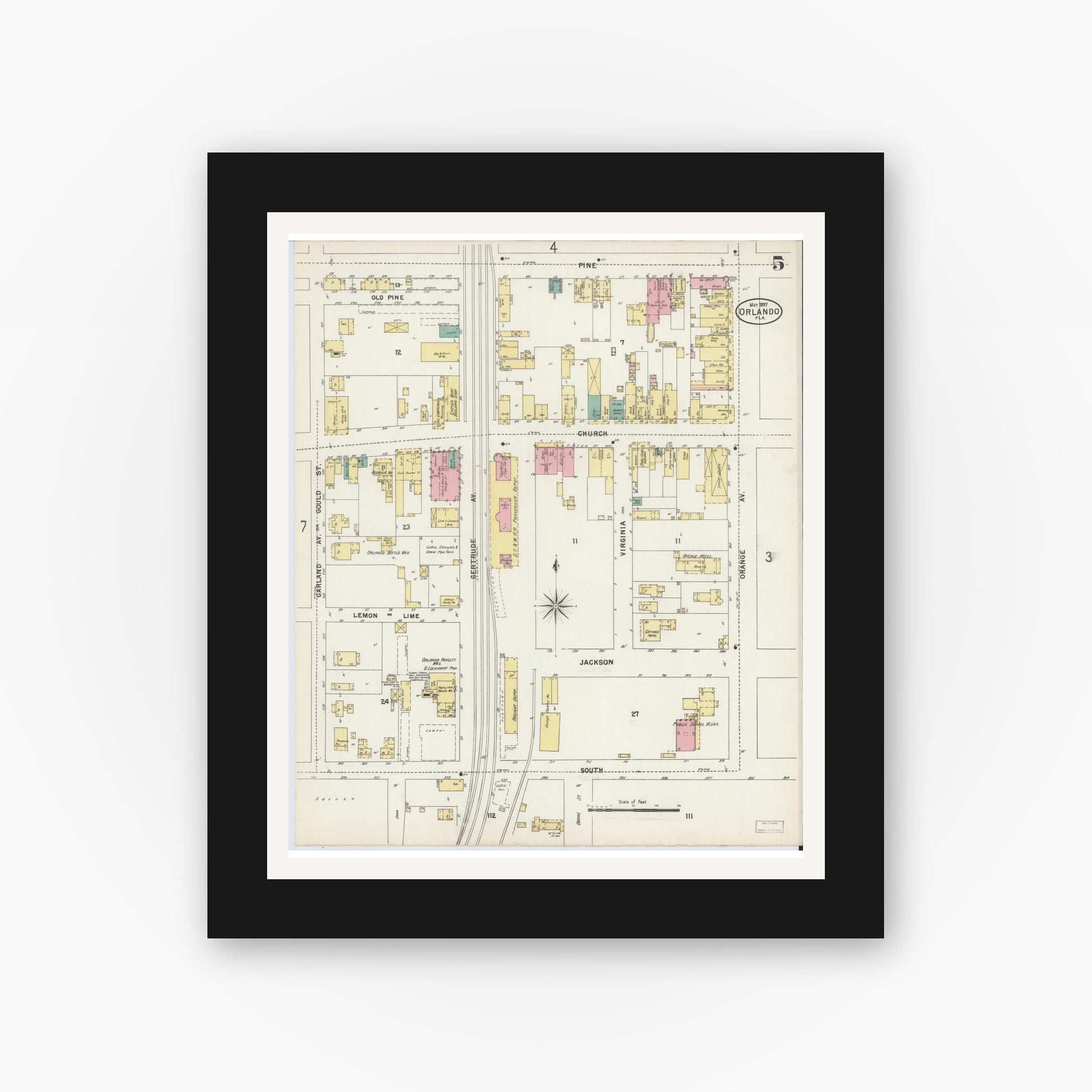Old map wall art mockup — black gallery frame with white mat — Sanborn Fire Insurance Map from Orlando, Orange County, Florida (1897), Sheet #0005