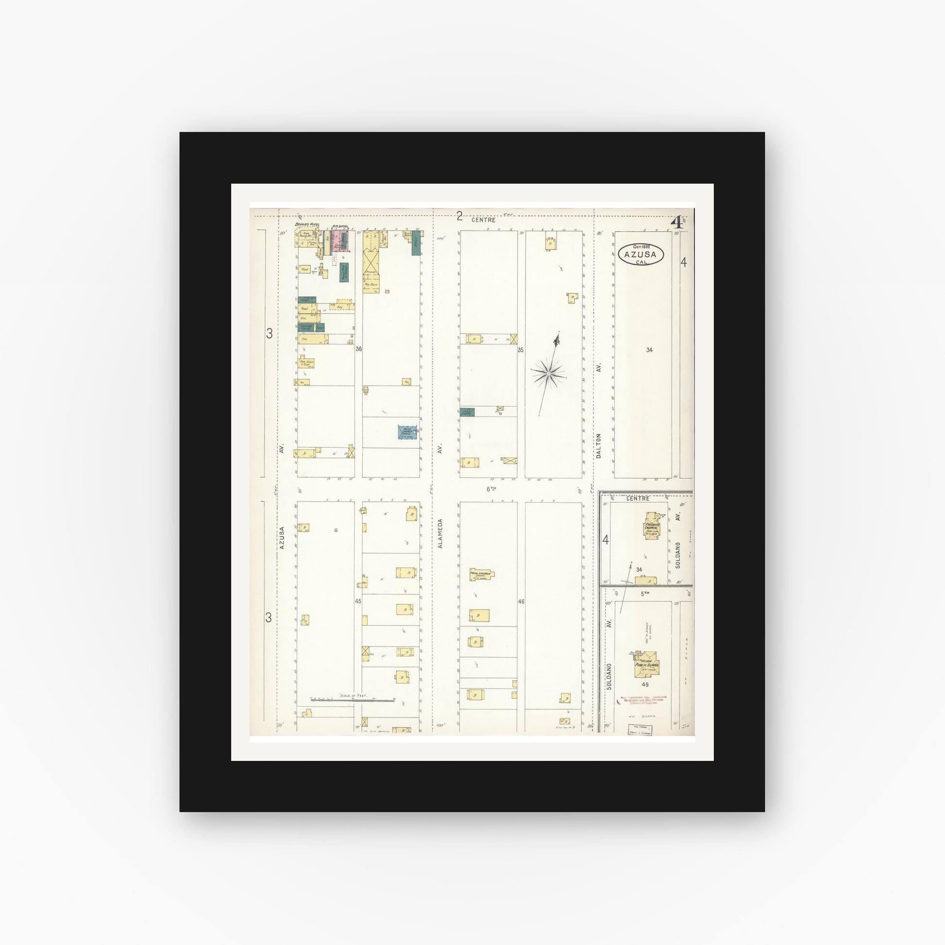 Old map wall art mockup — black gallery frame with white mat — Sanborn Fire Insurance Map from Azusa, Los Angeles County, California (1899), Sheet #0004