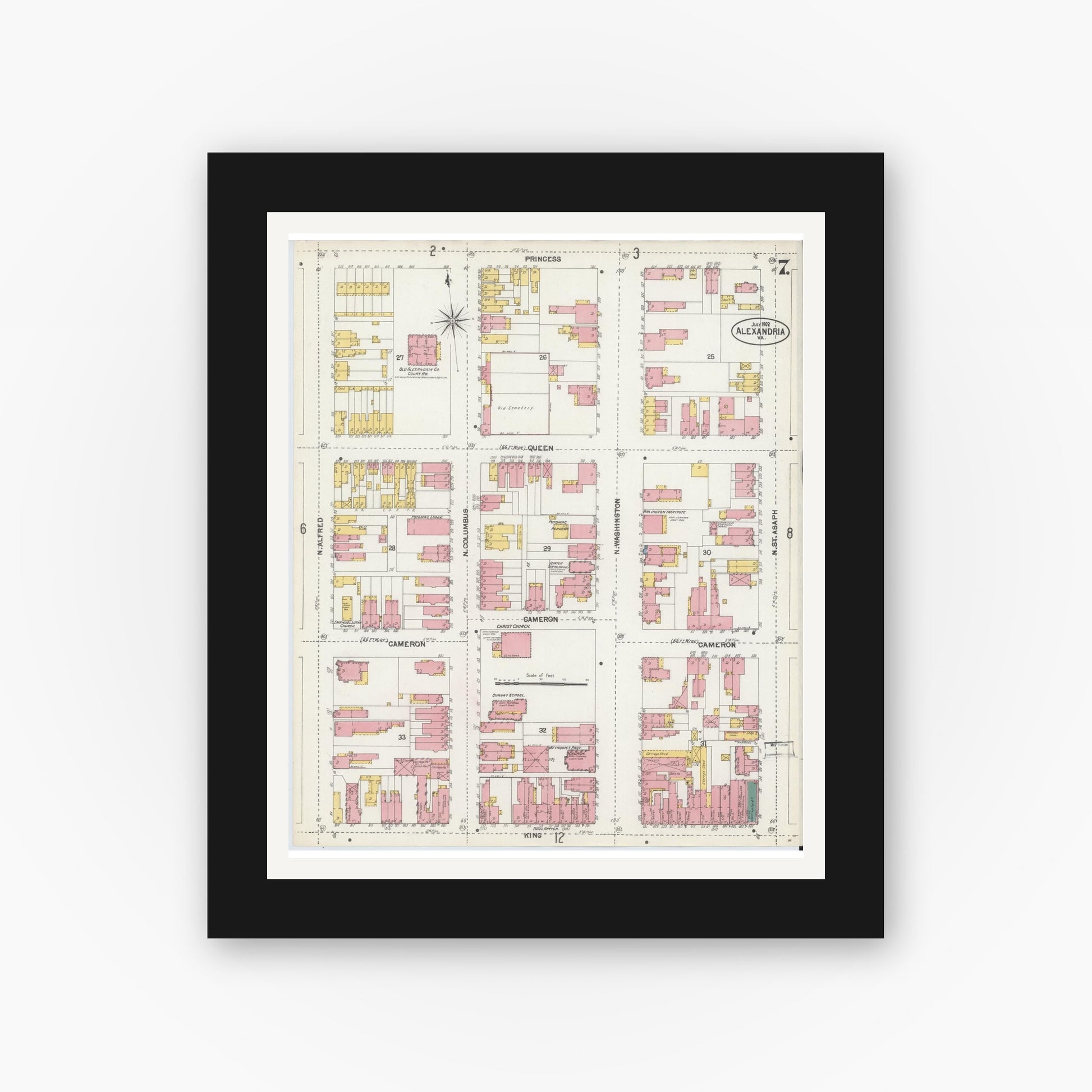 Old map wall art mockup — black gallery frame with white mat — Sanborn Fire Insurance Map from Alexandria, Independent Cities, Virginia (1902), Sheet #0007