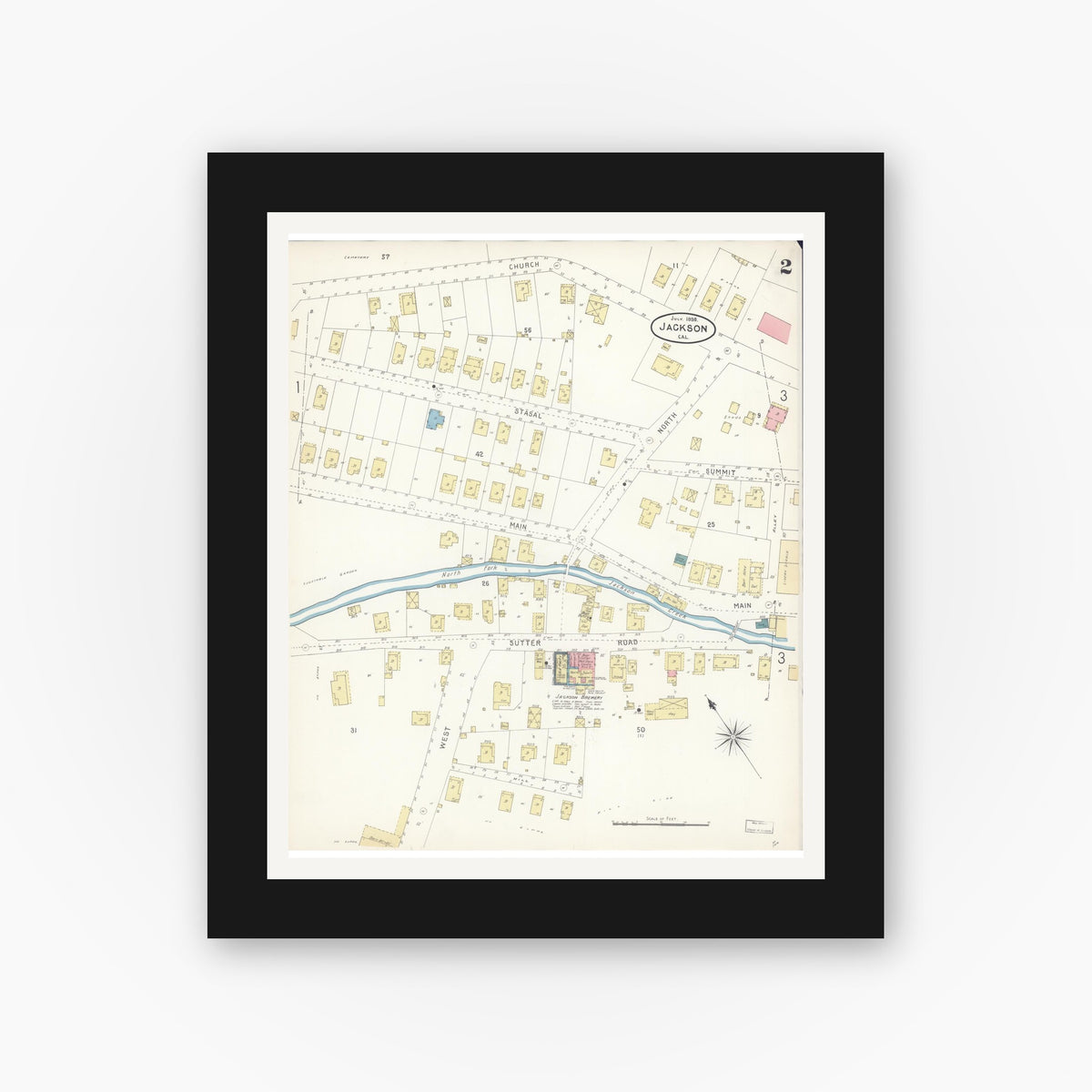 Old map wall art mockup — black gallery frame with white mat — Sanborn Fire Insurance Map from Jackson, Amador County, California (1898), Sheet #0002