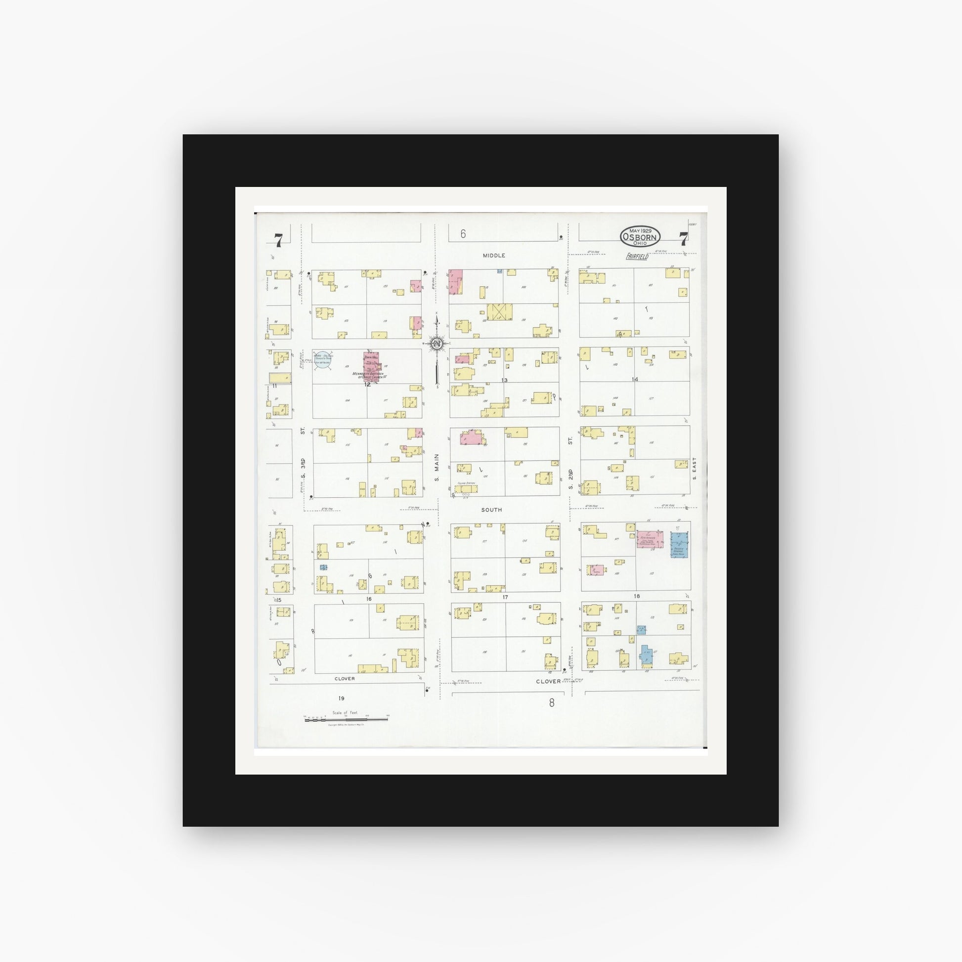 Old map wall art mockup — black gallery frame with white mat — Sanborn Fire Insurance Map from Osborn, Greene County, Ohio (1929), Sheet #0007