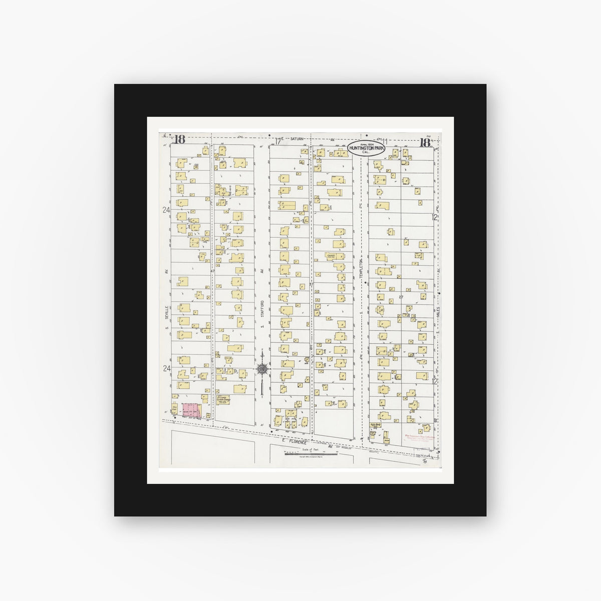 Old map wall art mockup — black gallery frame with white mat — Sanborn Fire Insurance Map from Huntington Park, Los Angeles County, California (1924), Sheet #0018