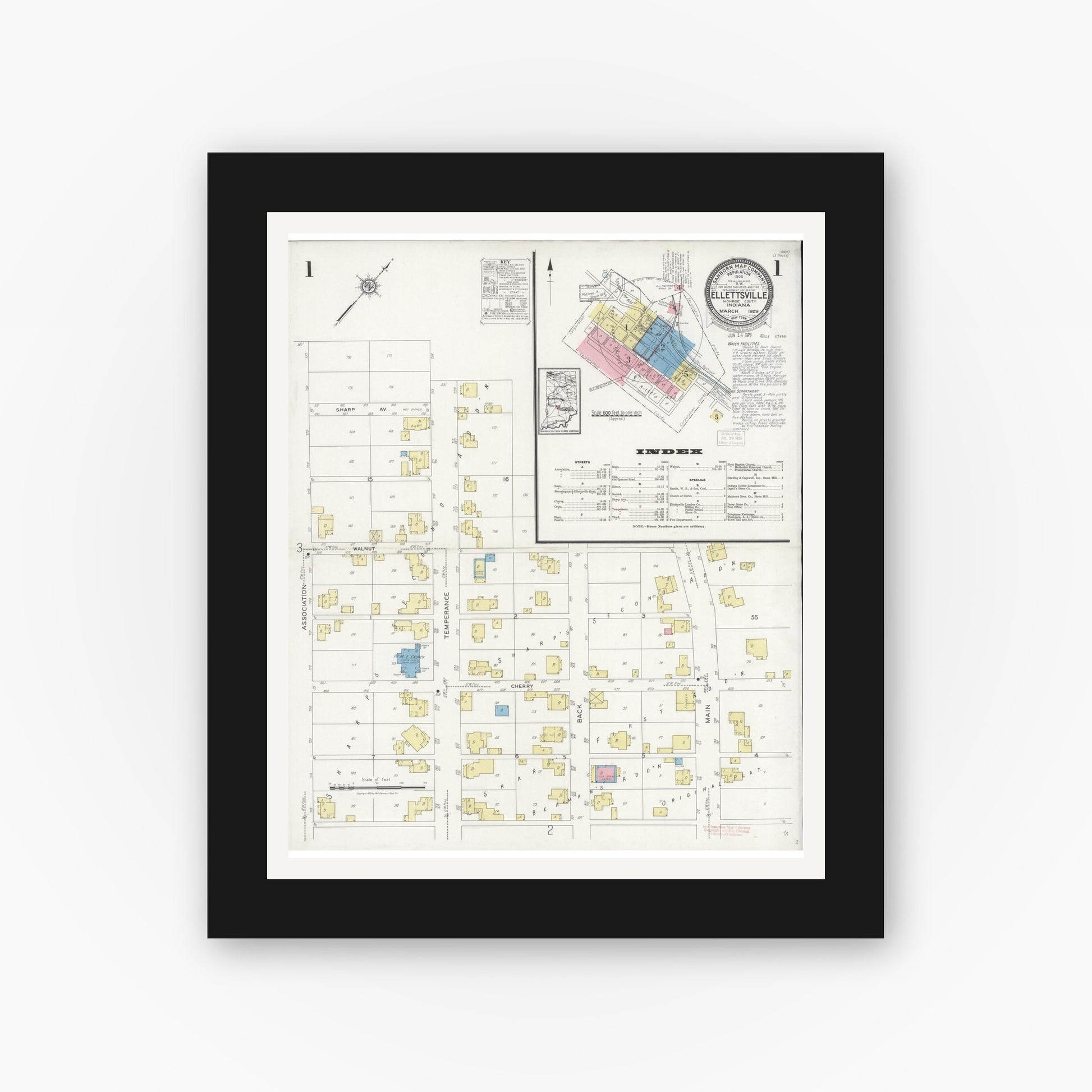 Old map wall art mockup — black gallery frame with white mat — Sanborn Fire Insurance Map from Ellettsville, Monroe County, Indiana (1929) - Complete Map Set