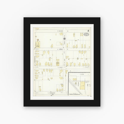 Old map wall art mockup — black gallery frame with white mat — Sanborn Fire Insurance Map from Kinston, Lenoir County, North Carolina (1914), Sheet #0004