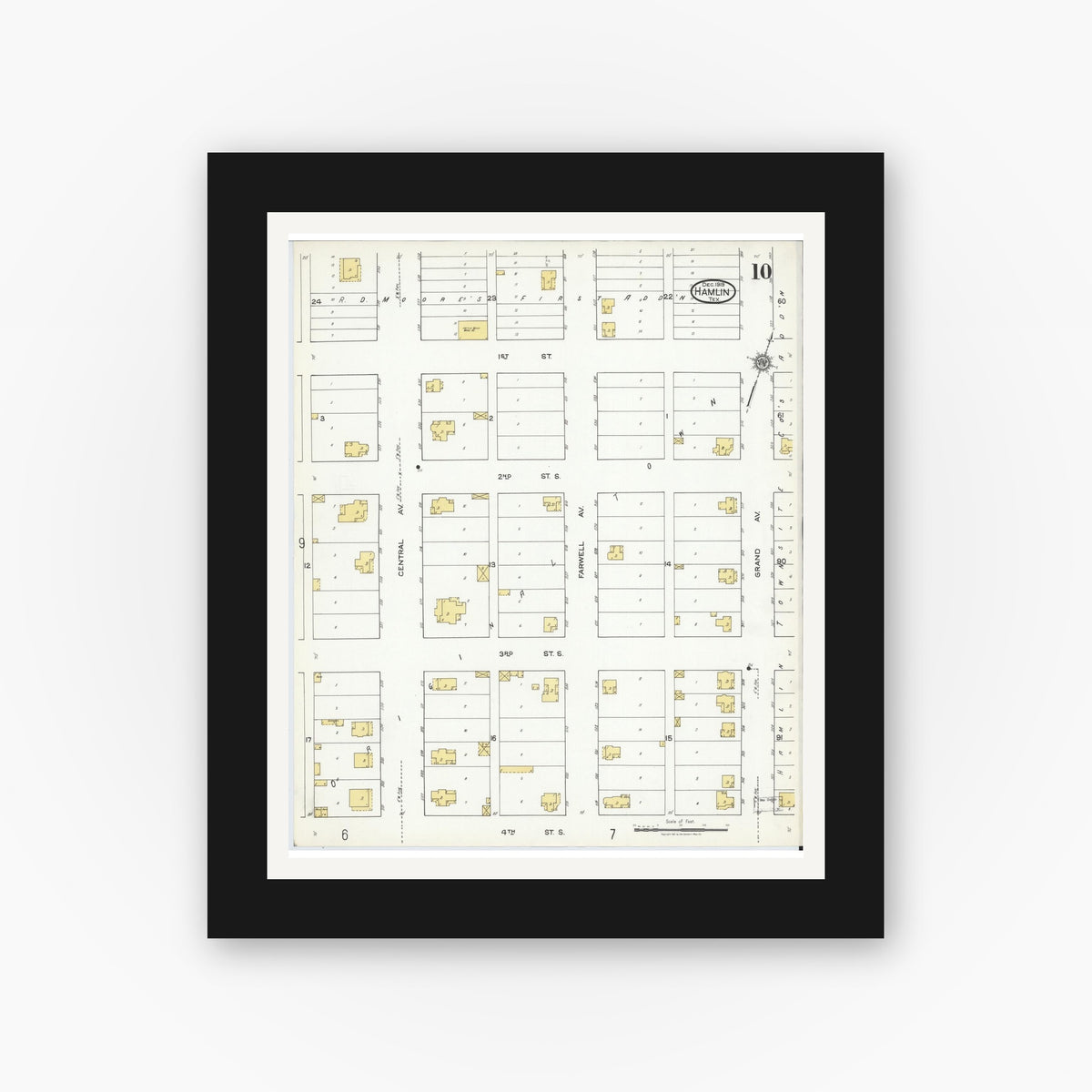 Old map wall art mockup — black gallery frame with white mat — Sanborn Fire Insurance Map from Hamlin, Jones County, Texas (1919), Sheet #0010