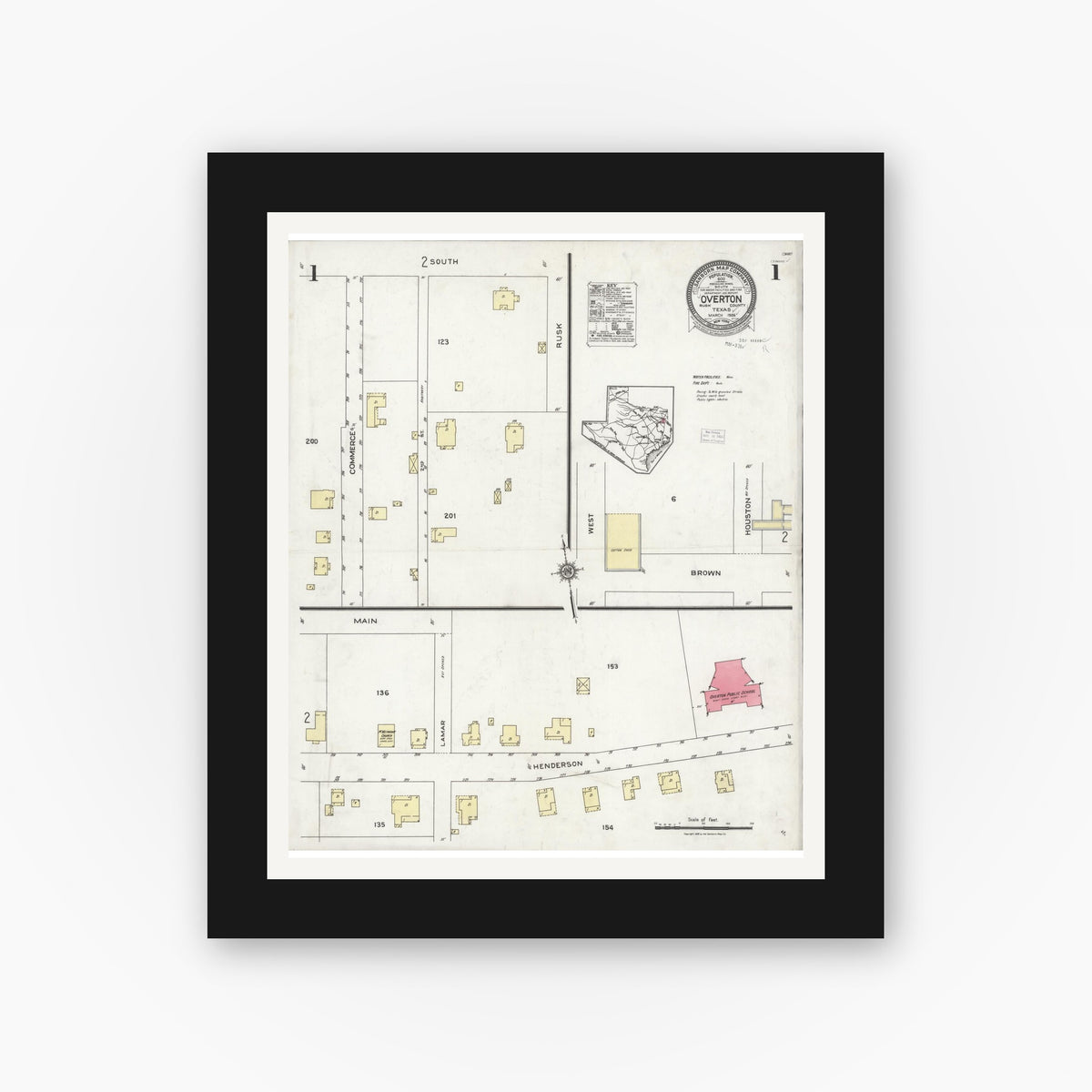 Old map wall art mockup — black gallery frame with white mat — Sanborn Fire Insurance Map from Overton, Rusk County, Texas (1926) - Complete Map Set
