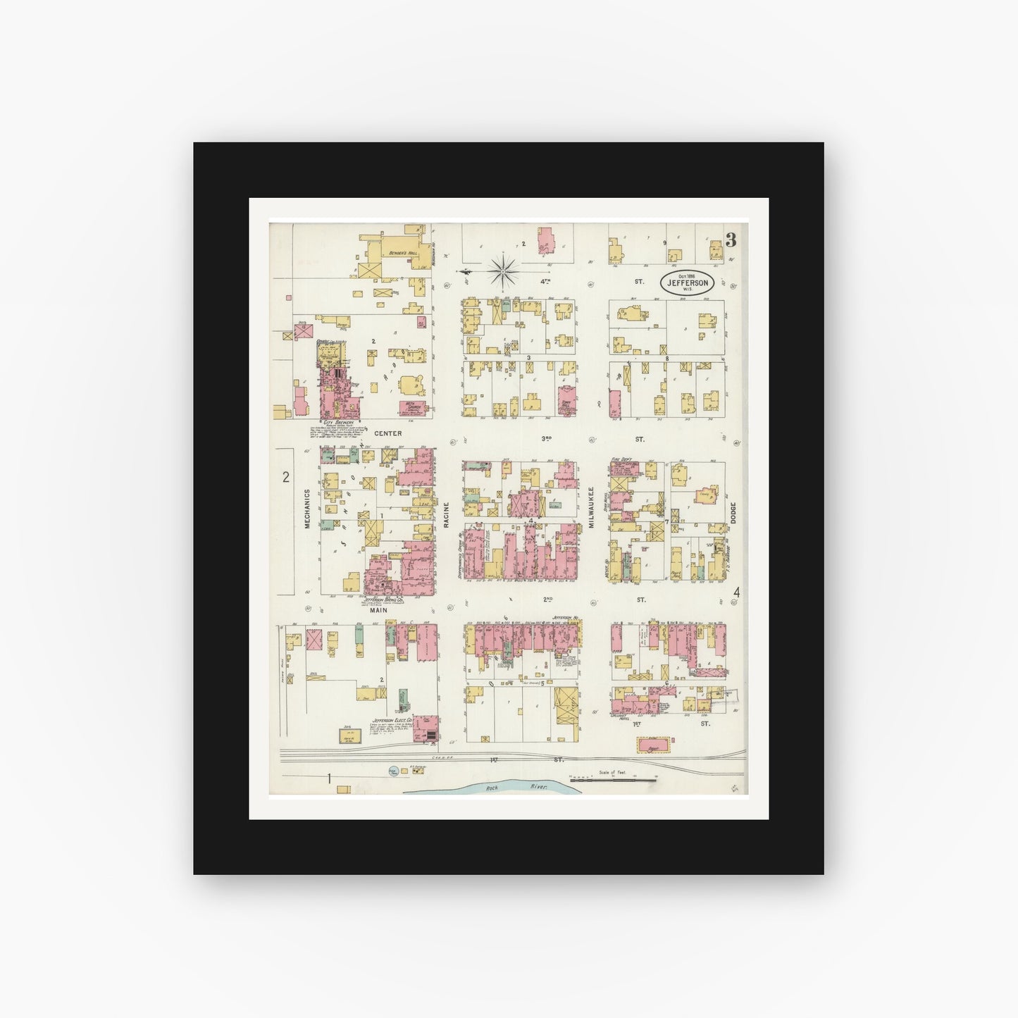 Old map wall art mockup — black gallery frame with white mat — Sanborn Fire Insurance Map from Jefferson, Jefferson County, Wisconsin (1898), Sheet #0003