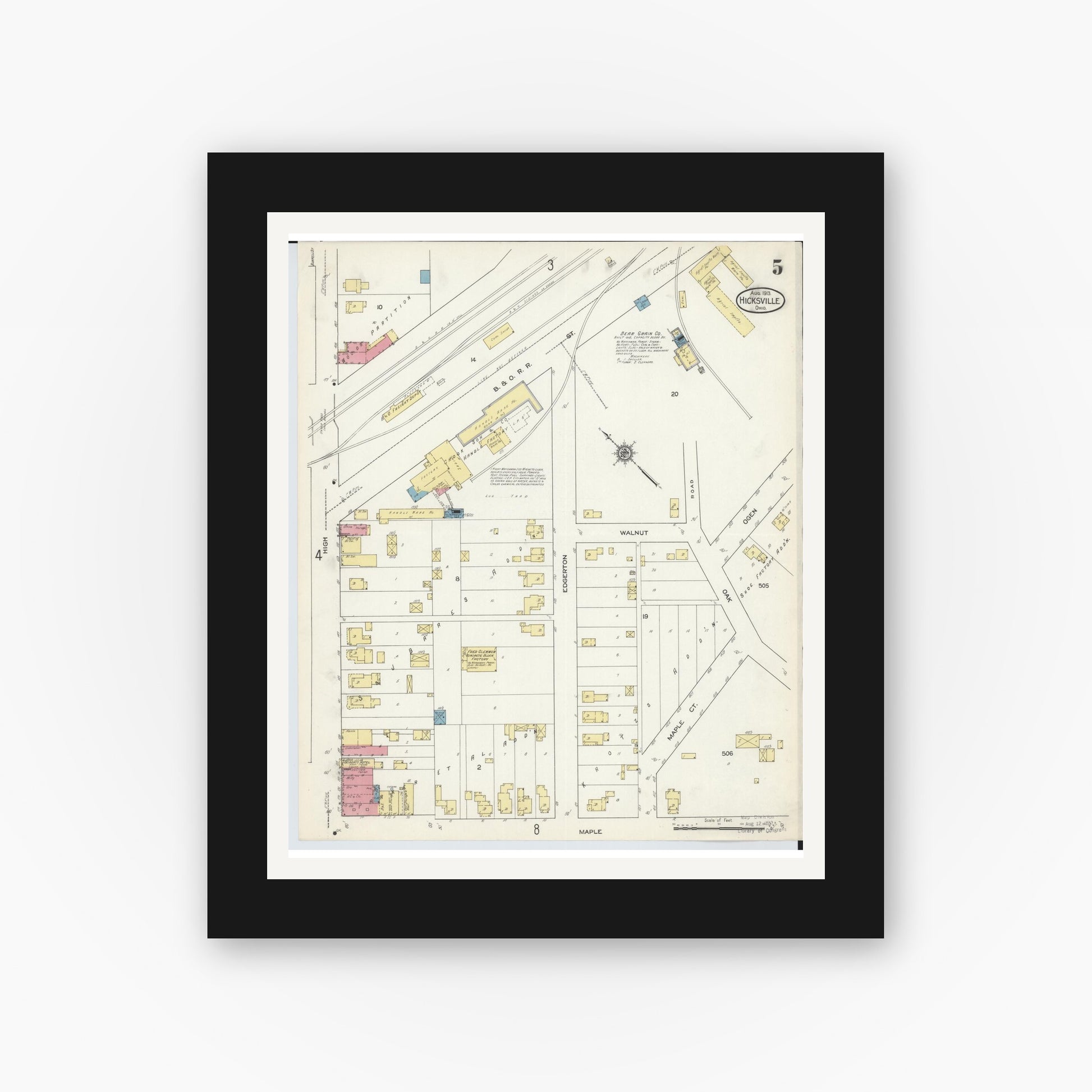 Old map wall art mockup — black gallery frame with white mat — Sanborn Fire Insurance Map from Hicksville, Defiance County, Ohio (1913), Sheet #0005