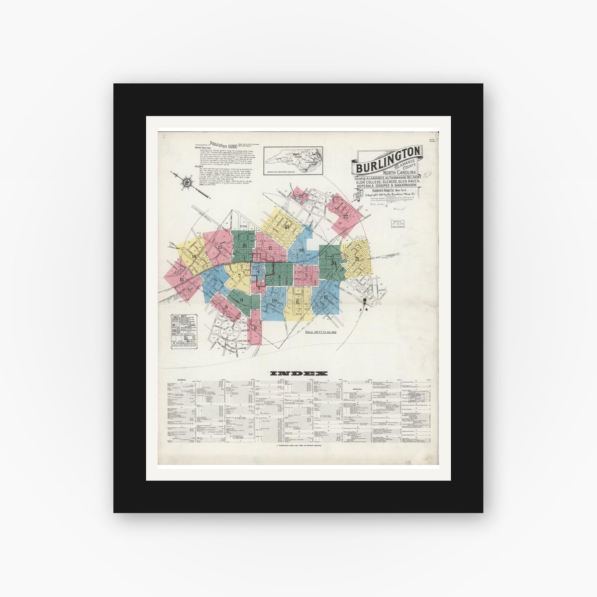 Old map wall art mockup — black gallery frame with white mat — Sanborn Fire Insurance Map from Burlington, Alamance County, North Carolina (1924) - Complete Map Set