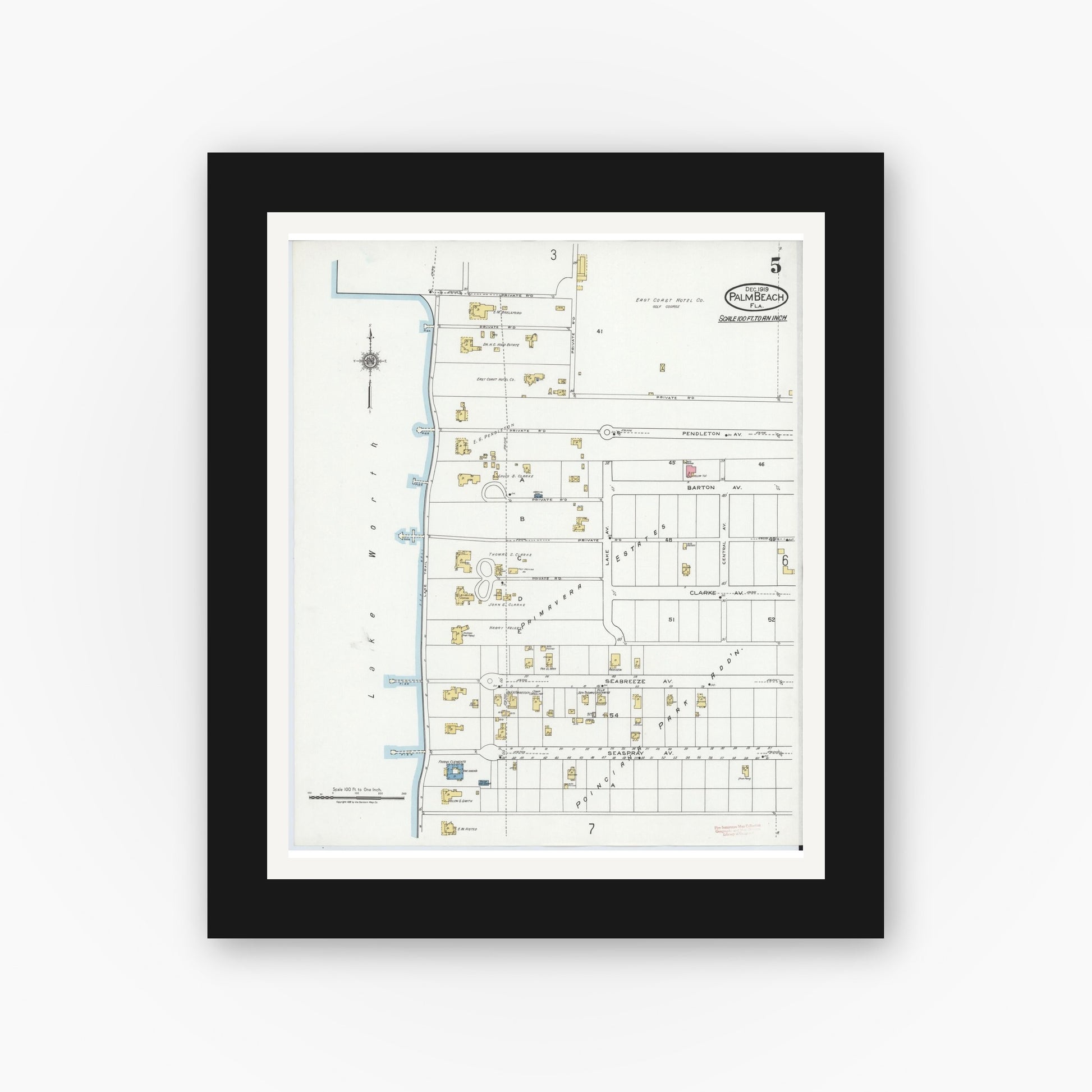 Old map wall art mockup — black gallery frame with white mat — Sanborn Fire Insurance Map from Palm Beach, Palm Beach County, Florida (1919), Sheet #0005
