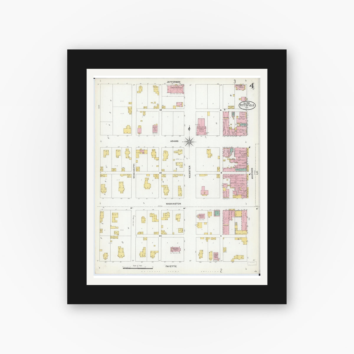 Old map wall art mockup — black gallery frame with white mat — Sanborn Fire Insurance Map from Pittsfield, Pike County, Illinois (1905), Sheet #0004