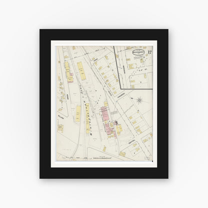 Old map wall art mockup — black gallery frame with white mat — Sanborn Fire Insurance Map from Michigan City, La Porte County, Indiana (1889), Sheet #0017