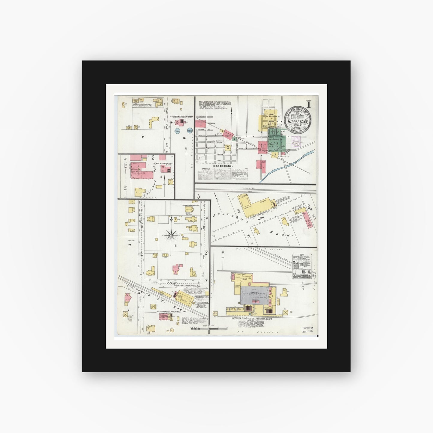 Old map wall art mockup — black gallery frame with white mat — Sanborn Fire Insurance Map from Middletown, Henry County, Indiana (1902) - Complete Map Set
