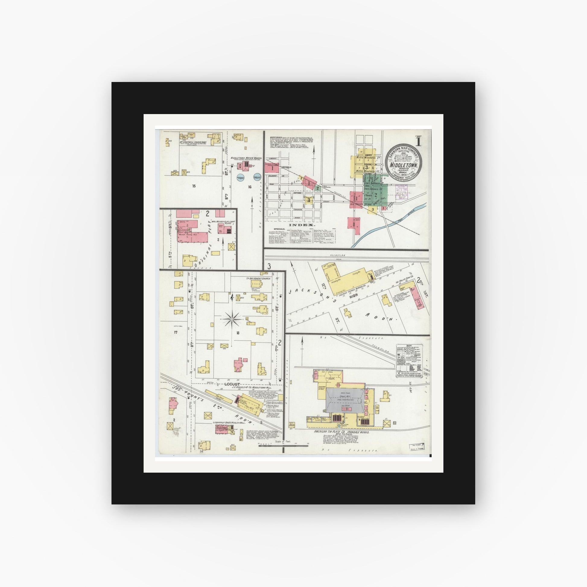 Old map wall art mockup — black gallery frame with white mat — Sanborn Fire Insurance Map from Middletown, Henry County, Indiana (1902) - Complete Map Set