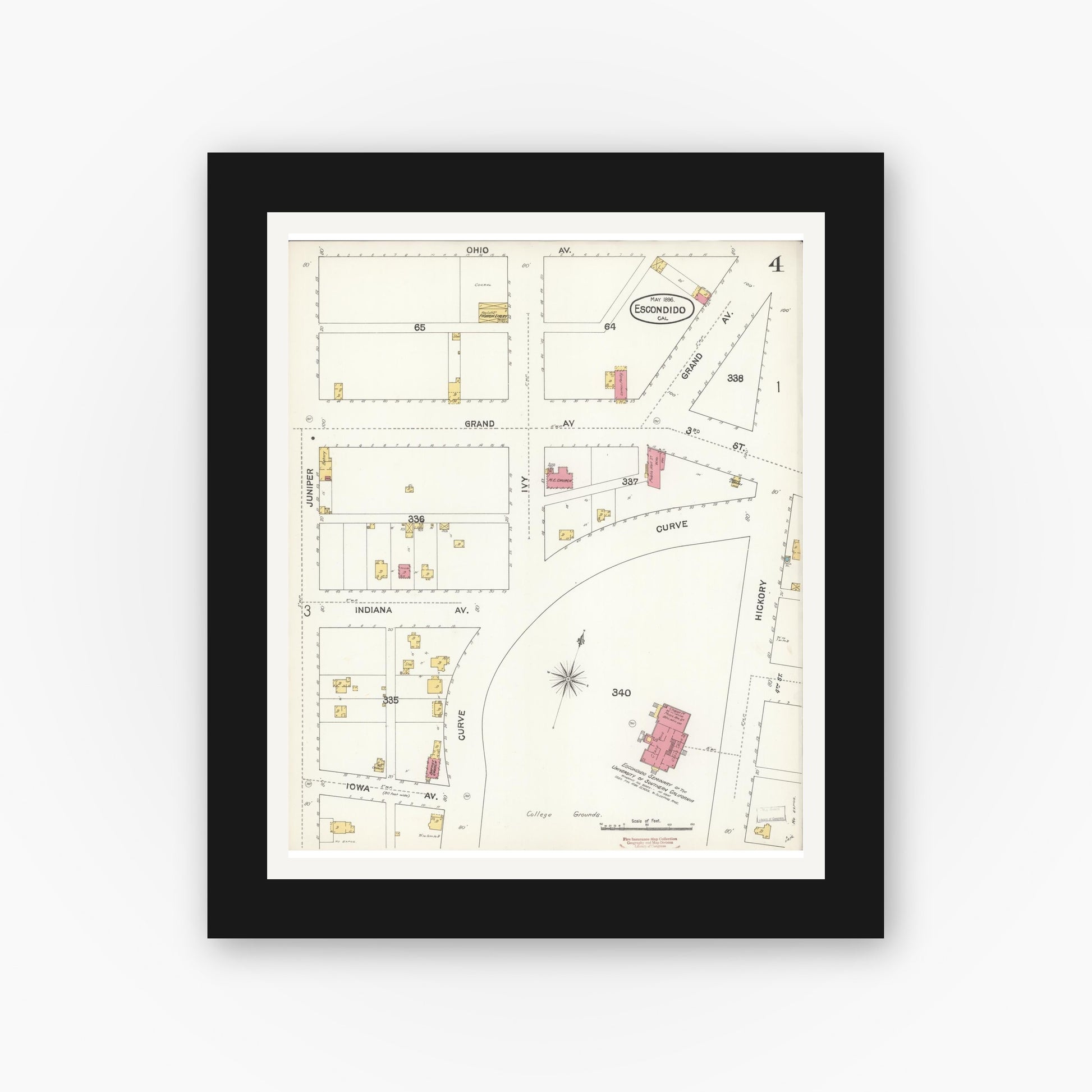 Old map wall art mockup — black gallery frame with white mat — Sanborn Fire Insurance Map from Escondido, San Diego County, California (1896), Sheet #0004