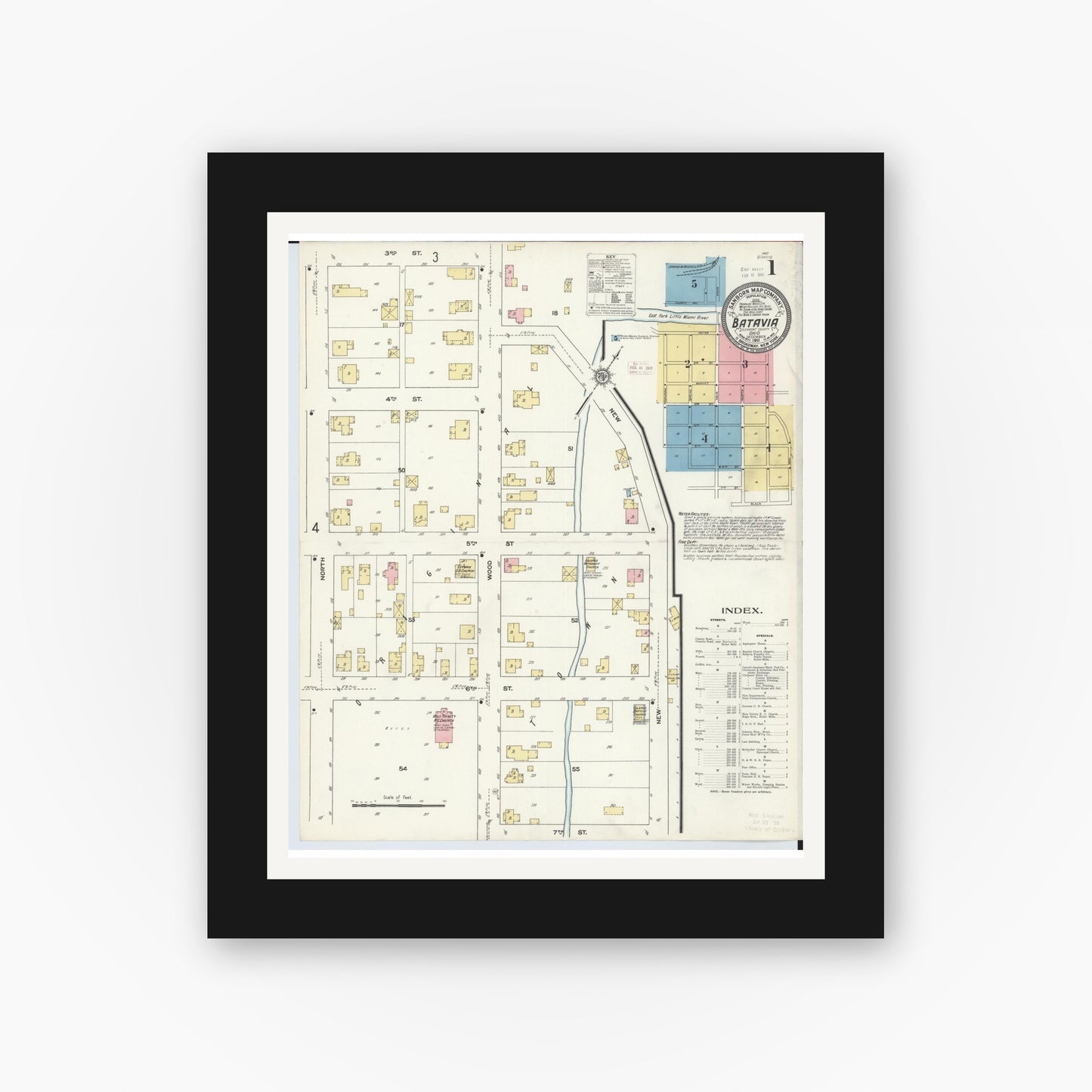 Old map wall art mockup — black gallery frame with white mat — Sanborn Fire Insurance Map from Batavia, Clermont County, Ohio (1911), Sheet #0001