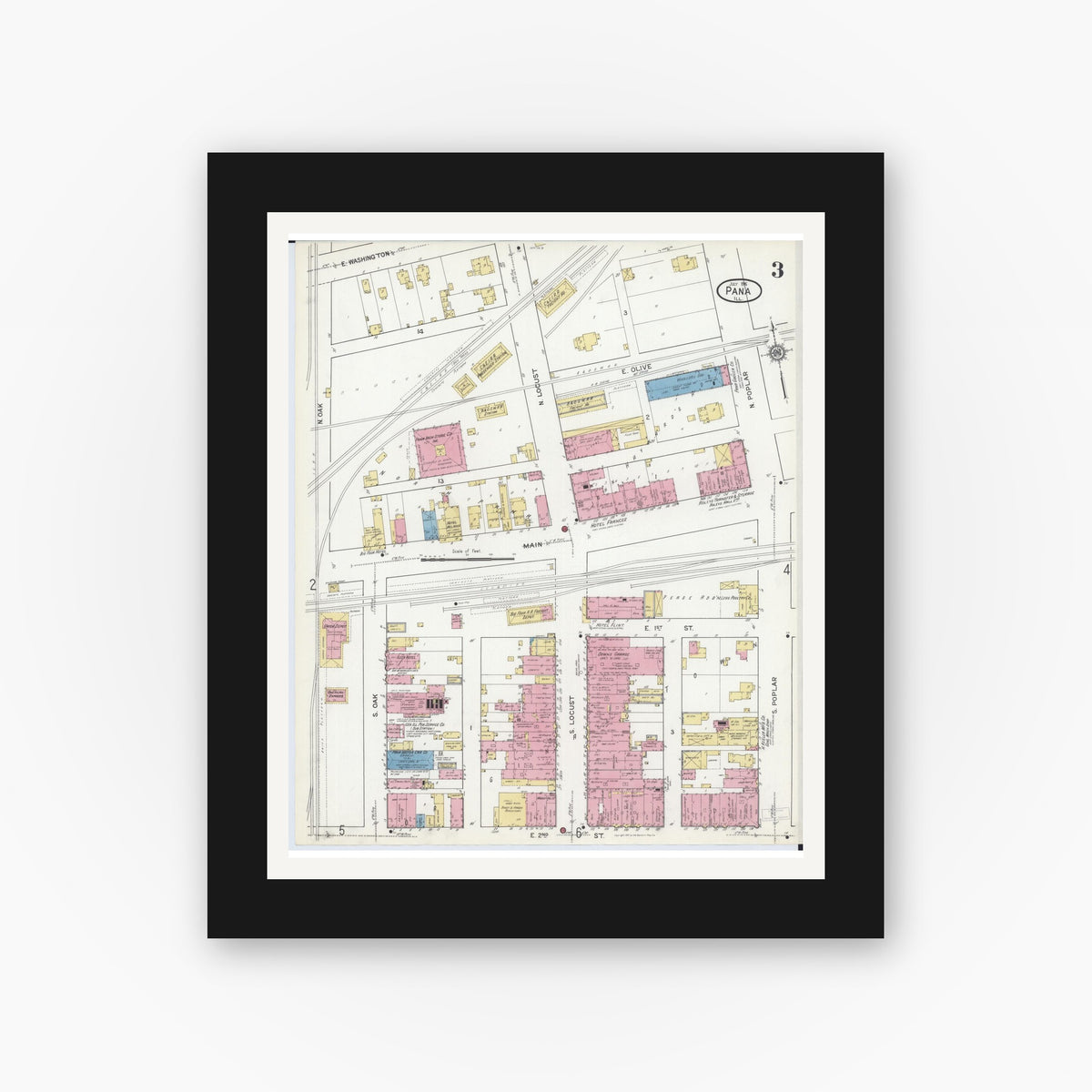 Old map wall art mockup — black gallery frame with white mat — Sanborn Fire Insurance Map from Pana, Christian County, Illinois (1916), Sheet #0003
