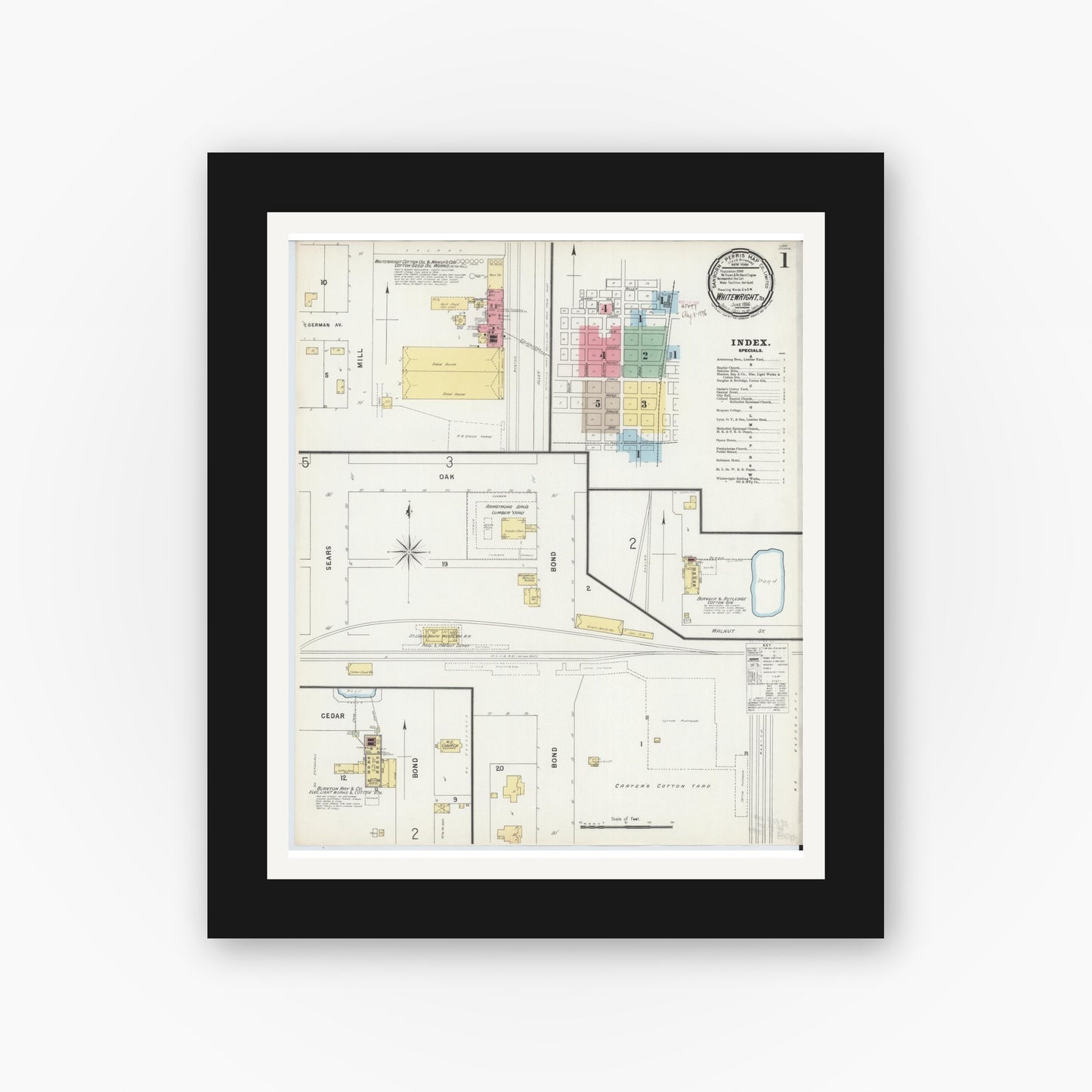 Old map wall art mockup — black gallery frame with white mat — Sanborn Fire Insurance Map from Whitewright, Grayson County, Texas (1896), Sheet #0001