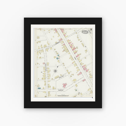 Old map wall art mockup — black gallery frame with white mat — Sanborn Fire Insurance Map from Hanover, York County, Pennsylvania (1891), Sheet #0003