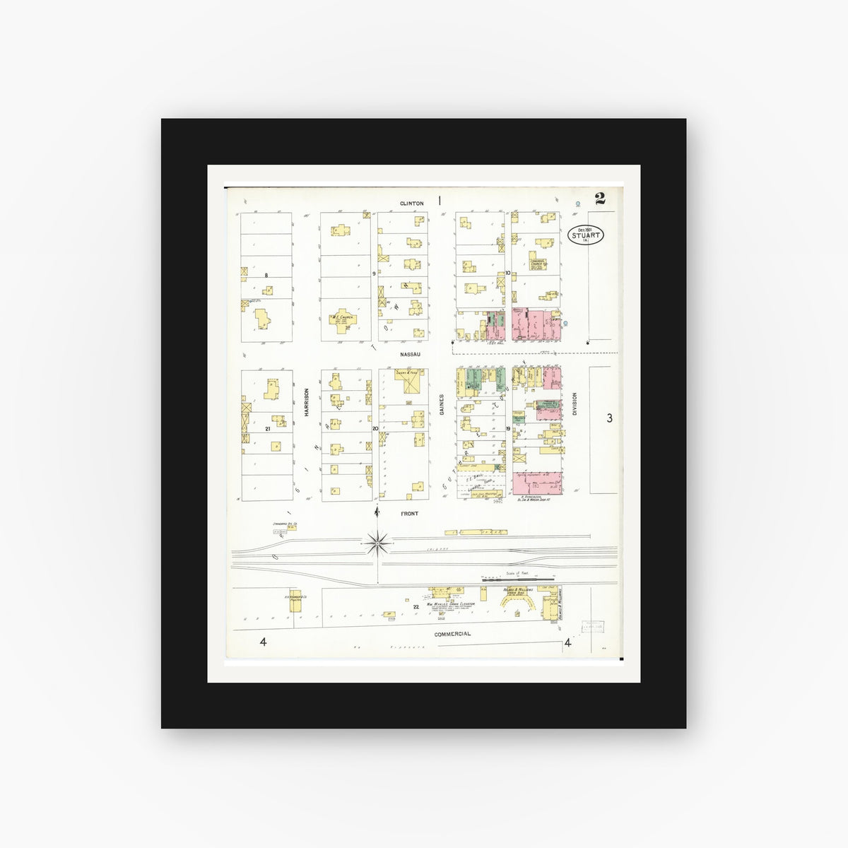 Old map wall art mockup — black gallery frame with white mat — Sanborn Fire Insurance Map from Stuart, Guthrie and Adair Counties, Iowa (1901), Sheet #0002