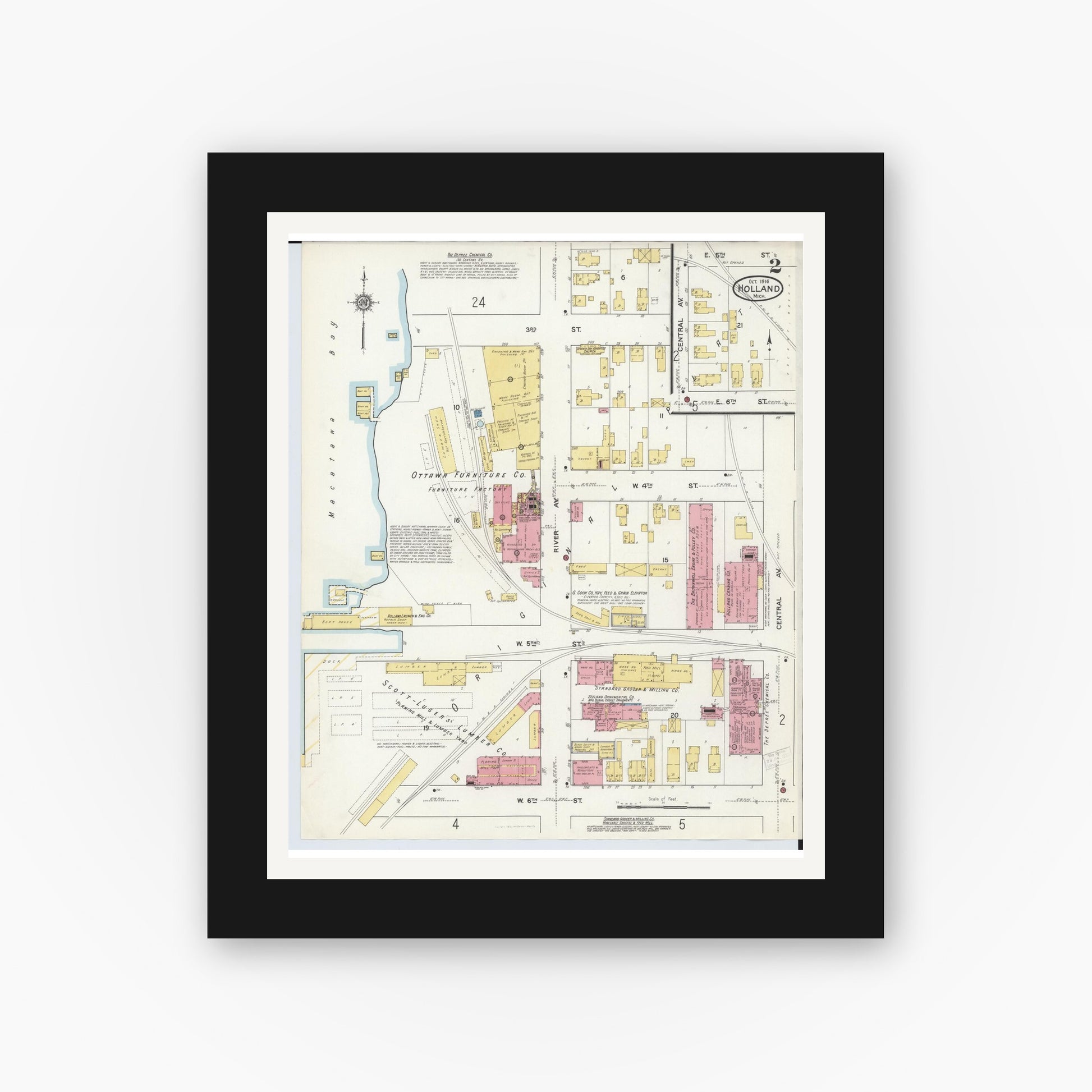 Old map wall art mockup — black gallery frame with white mat — Sanborn Fire Insurance Map from Holland, Ottawa County, Michigan (1916), Sheet #0002