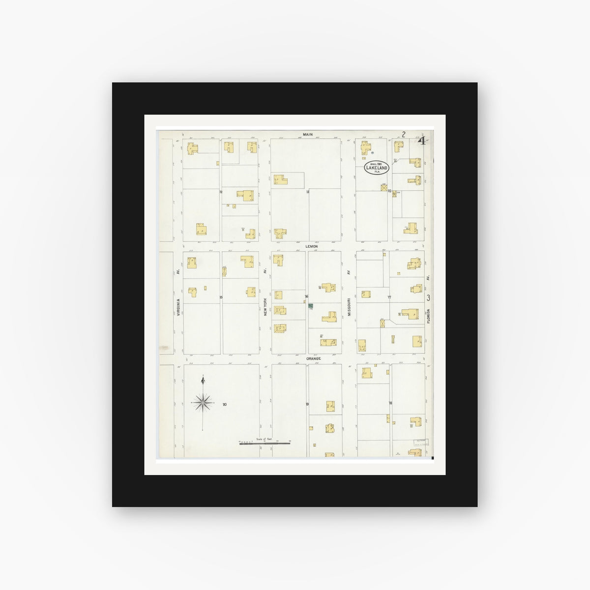 Old map wall art mockup — black gallery frame with white mat — Sanborn Fire Insurance Map from Lakeland, Polk County, Florida (1903), Sheet #0004
