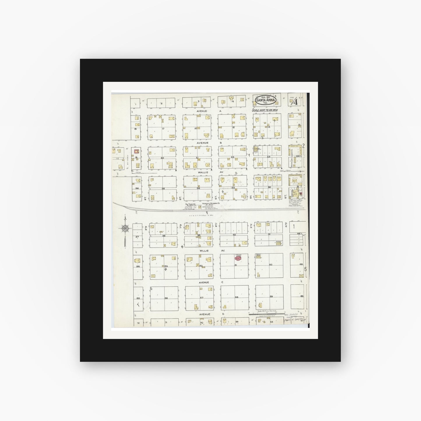 Old map wall art mockup — black gallery frame with white mat — Sanborn Fire Insurance Map from Santa Anna, Coleman County, Texas (1921), Sheet #0004