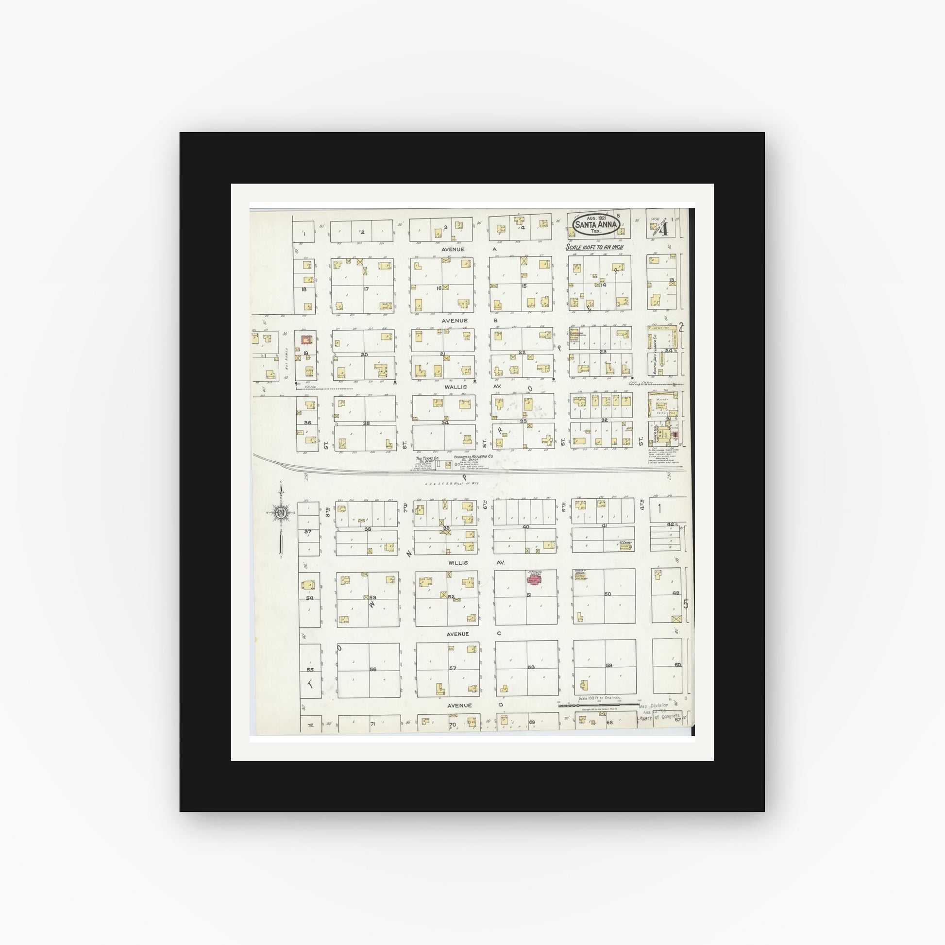 Old map wall art mockup — black gallery frame with white mat — Sanborn Fire Insurance Map from Santa Anna, Coleman County, Texas (1921), Sheet #0004