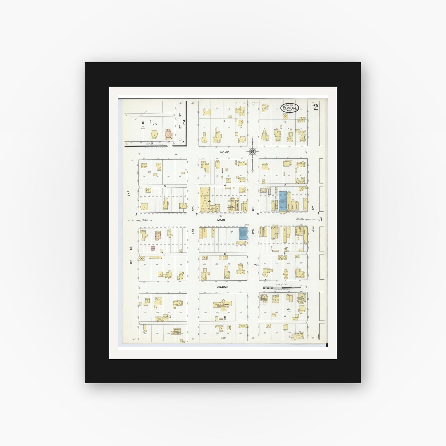 Old map wall art mockup — black gallery frame with white mat — Sanborn Fire Insurance Map from Edmore, Montcalm County, Michigan (1918), Sheet #0002