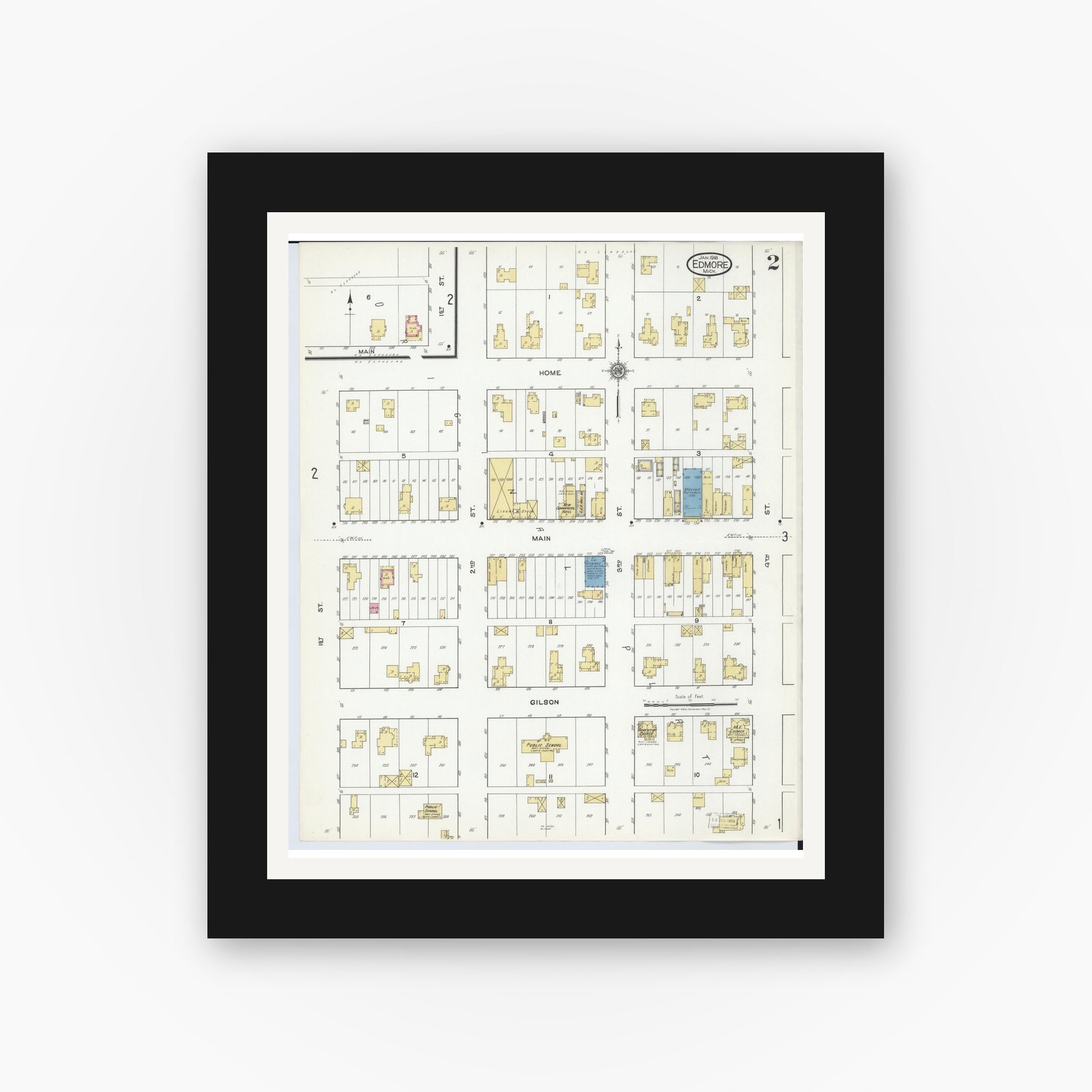 Old map wall art mockup — black gallery frame with white mat — Sanborn Fire Insurance Map from Edmore, Montcalm County, Michigan (1918), Sheet #0002