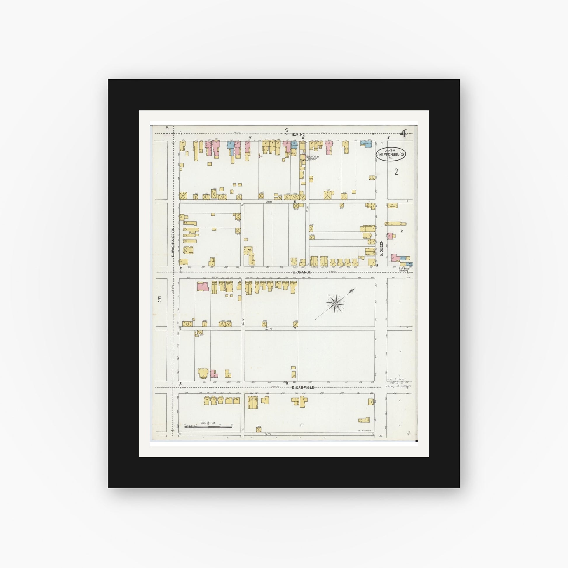 Old map wall art mockup — black gallery frame with white mat — Sanborn Fire Insurance Map from Shippensburg, Cumberland And Franklin Counties, Pennsylvania (1899), Sheet #0004