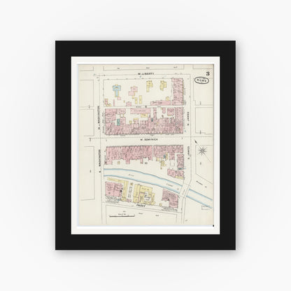 Old map wall art mockup — black gallery frame with white mat — Sanborn Fire Insurance Map from Rome, Oneida County, New York (1888), Sheet #0003
