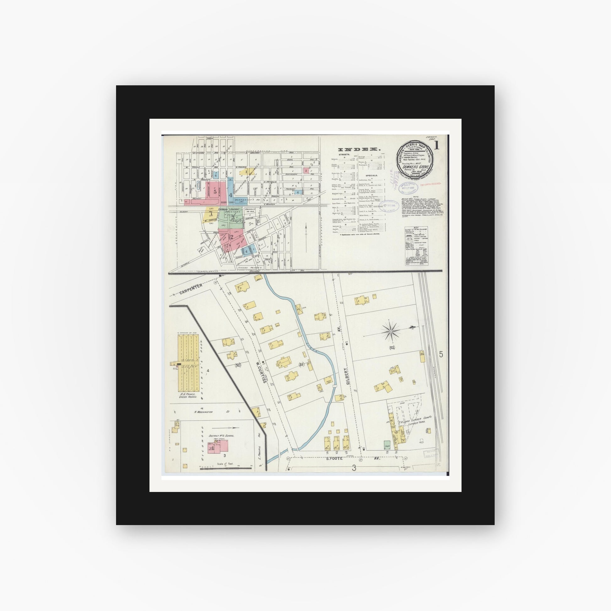 Old map wall art mockup — black gallery frame with white mat — Sanborn Fire Insurance Map from Downers Grove, Dupage County, Illinois (1898), Sheet #0001