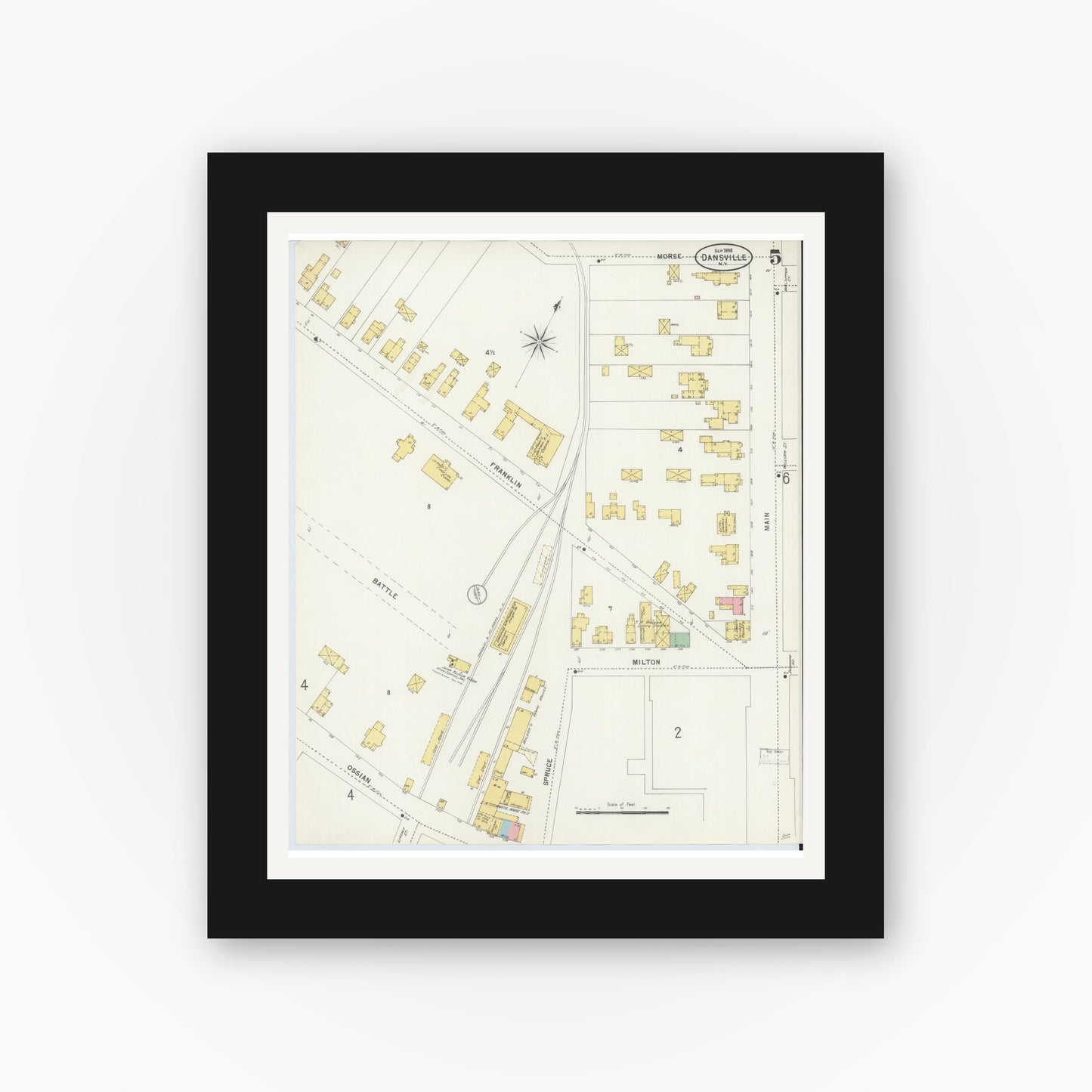 Old map wall art mockup — black gallery frame with white mat — Sanborn Fire Insurance Map from Dansville, Livingston County, New York (1898), Sheet #0005