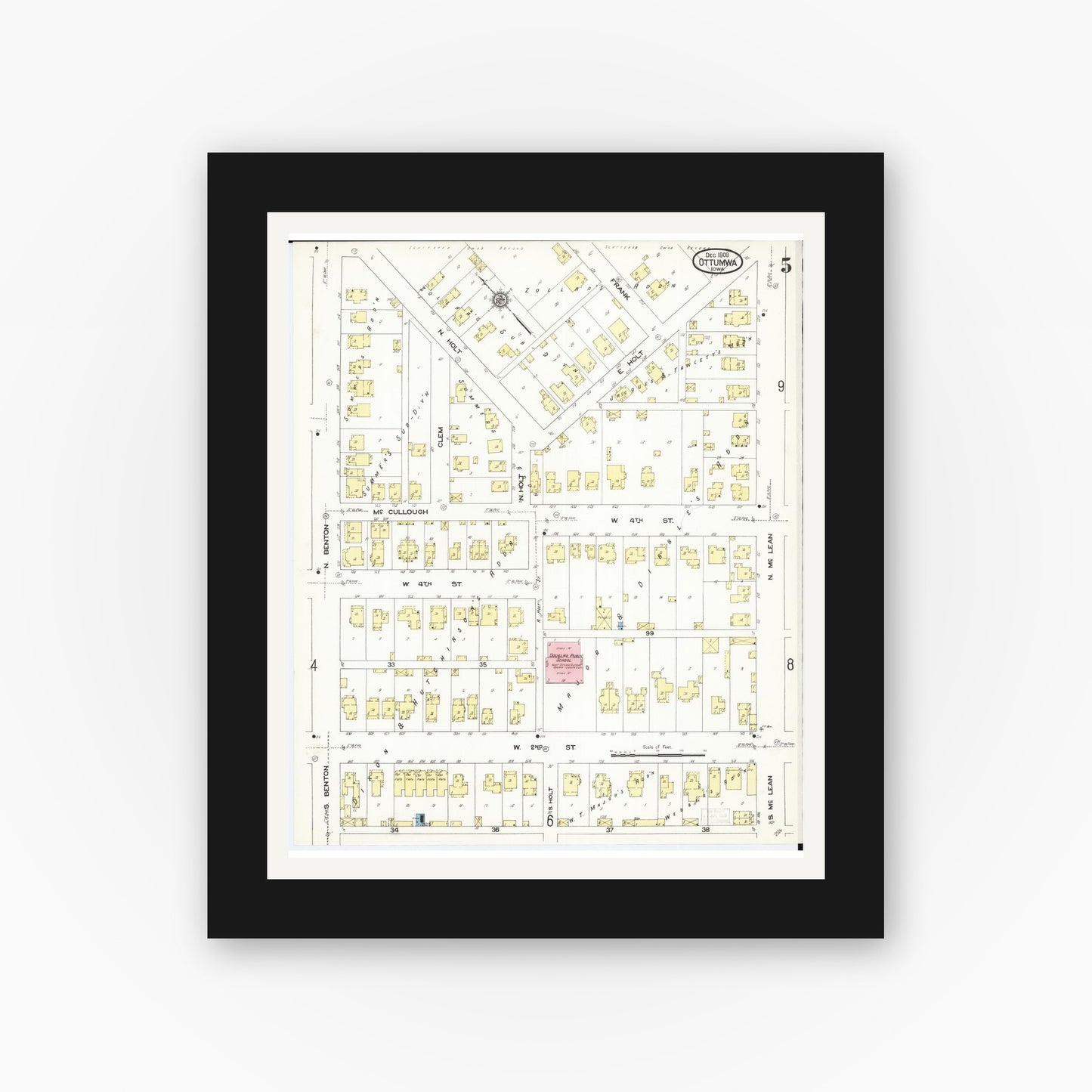 Old map wall art mockup — black gallery frame with white mat — Sanborn Fire Insurance Map from Ottumwa, Wapello County, Iowa (1909), Sheet #0005