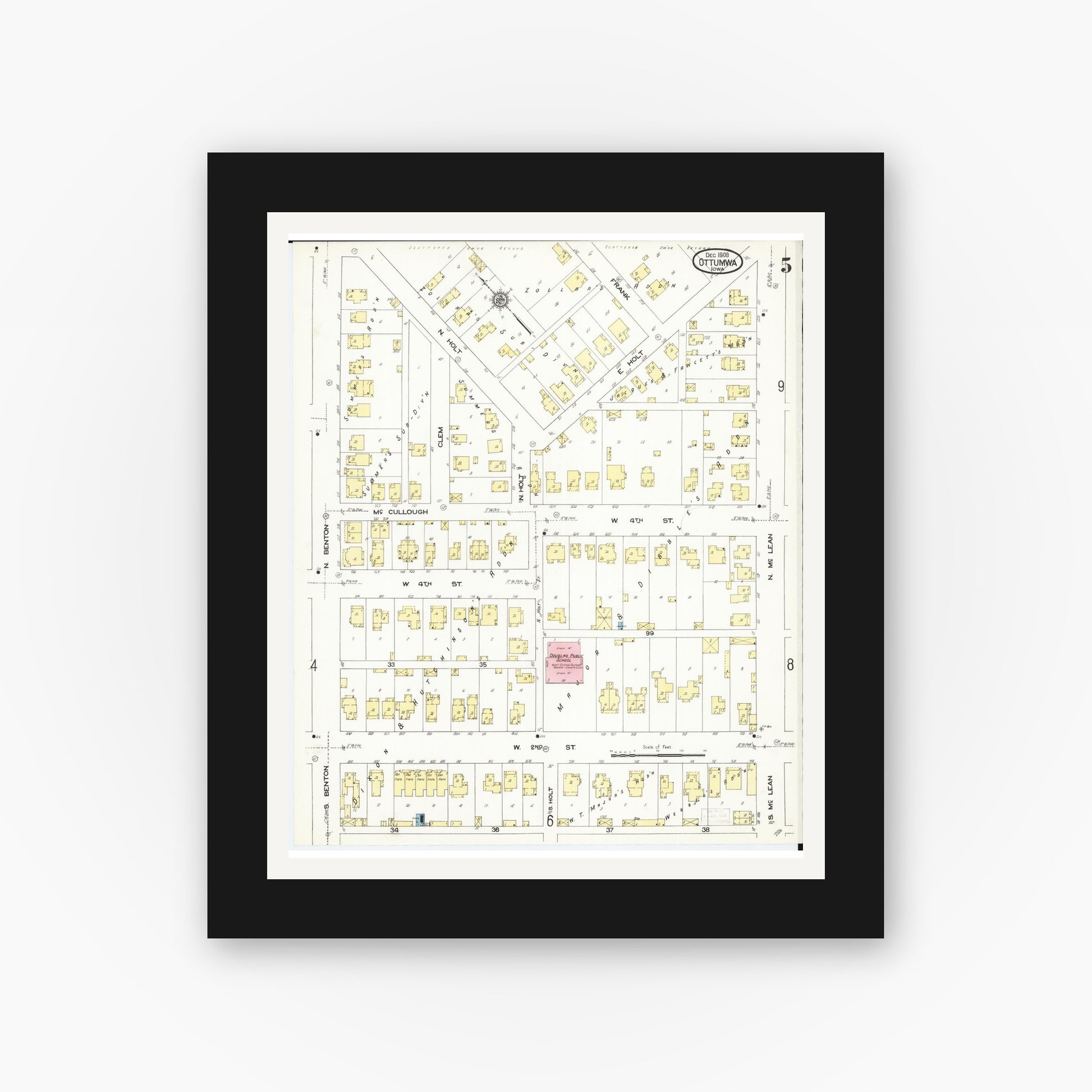 Old map wall art mockup — black gallery frame with white mat — Sanborn Fire Insurance Map from Ottumwa, Wapello County, Iowa (1909), Sheet #0005