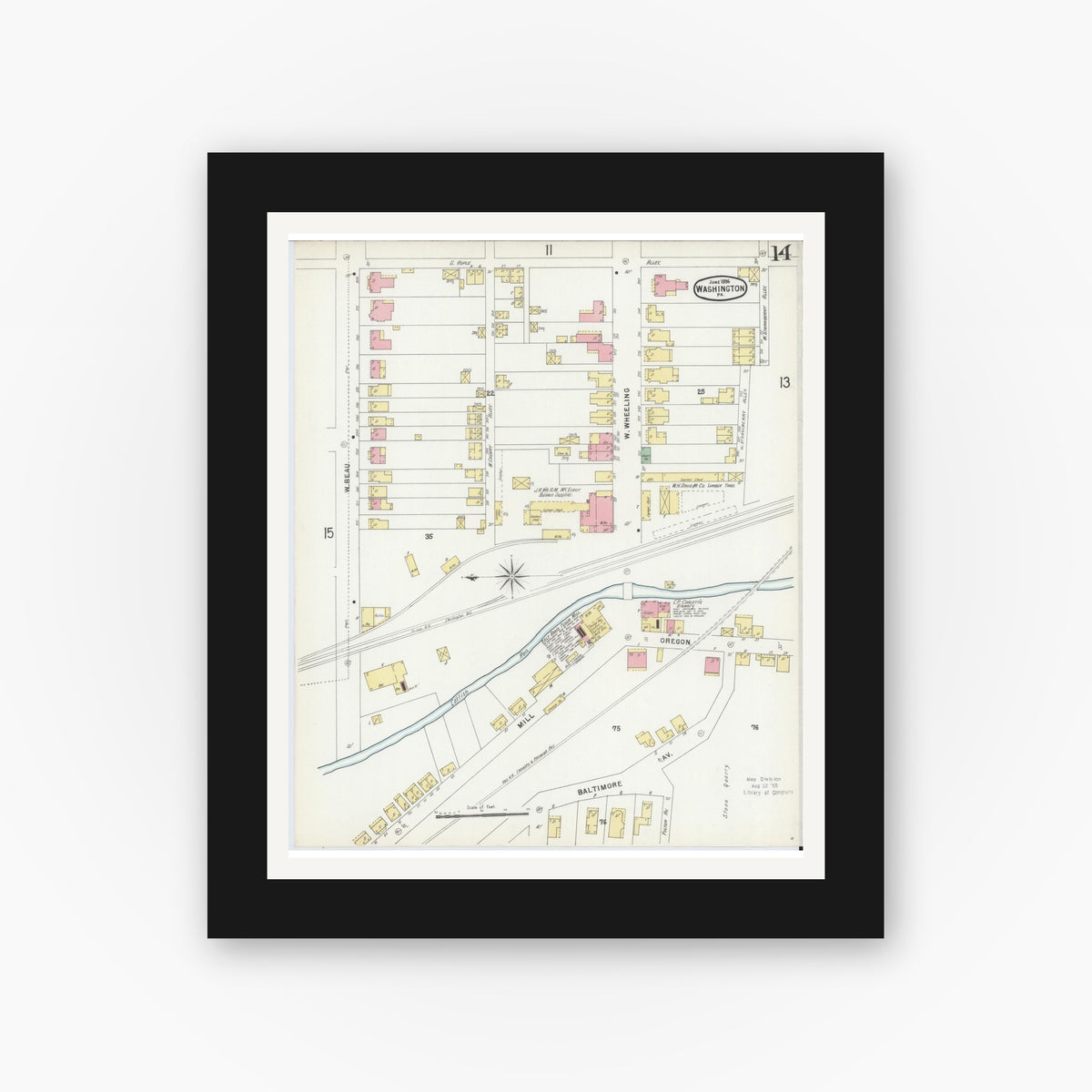 Old map wall art mockup — black gallery frame with white mat — Sanborn Fire Insurance Map from Washington, Washington County, Pennsylvania (1896), Sheet #0014