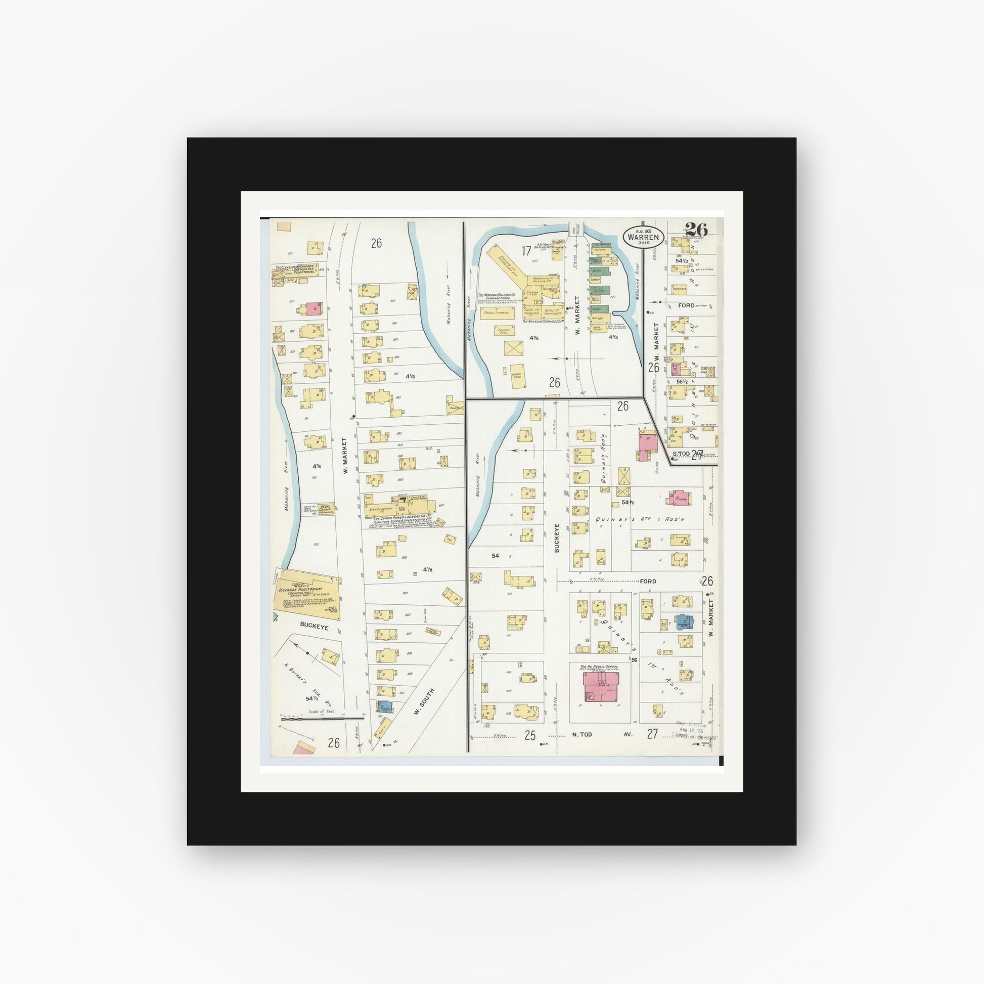 Old map wall art mockup — black gallery frame with white mat — Sanborn Fire Insurance Map from Warren, Trumbull County, Ohio (1908), Sheet #0026