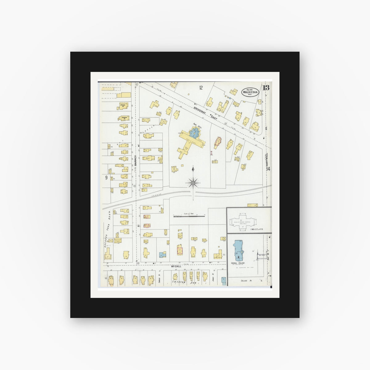 Old map wall art mockup — black gallery frame with white mat — Sanborn Fire Insurance Map from Waukesha, Waukesha County, Wisconsin (1901), Sheet #0013