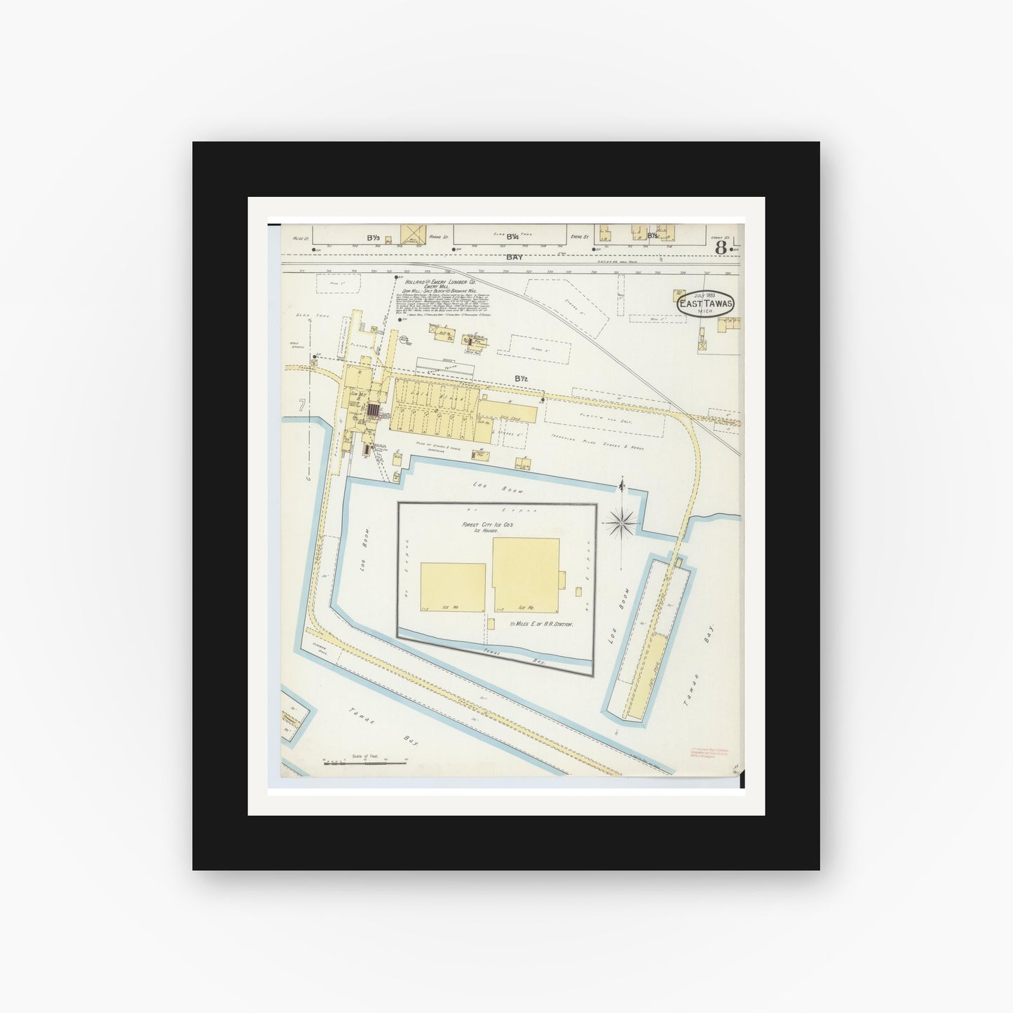 Old map wall art mockup — black gallery frame with white mat — Sanborn Fire Insurance Map from East Tawas, Iosco County, Michigan (1893), Sheet #0008