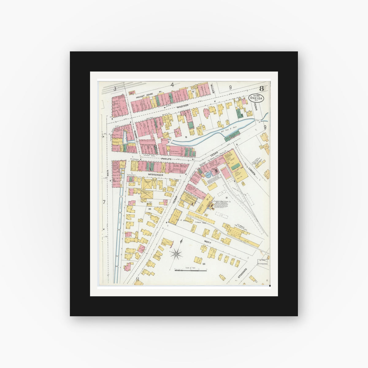 Old map wall art mockup — black gallery frame with white mat — Sanborn Fire Insurance Map from Oneida, Madison County, New York (1904), Sheet #0007